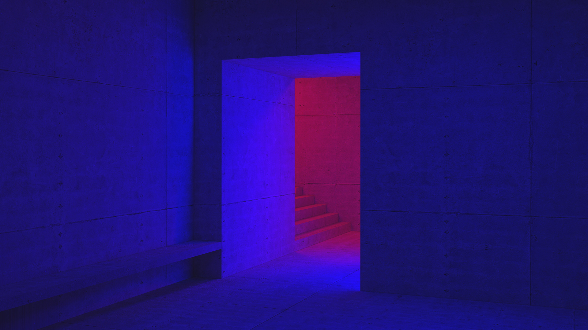 Abstract blue and red illuminated staircase in modern architecture HD Wallpaper