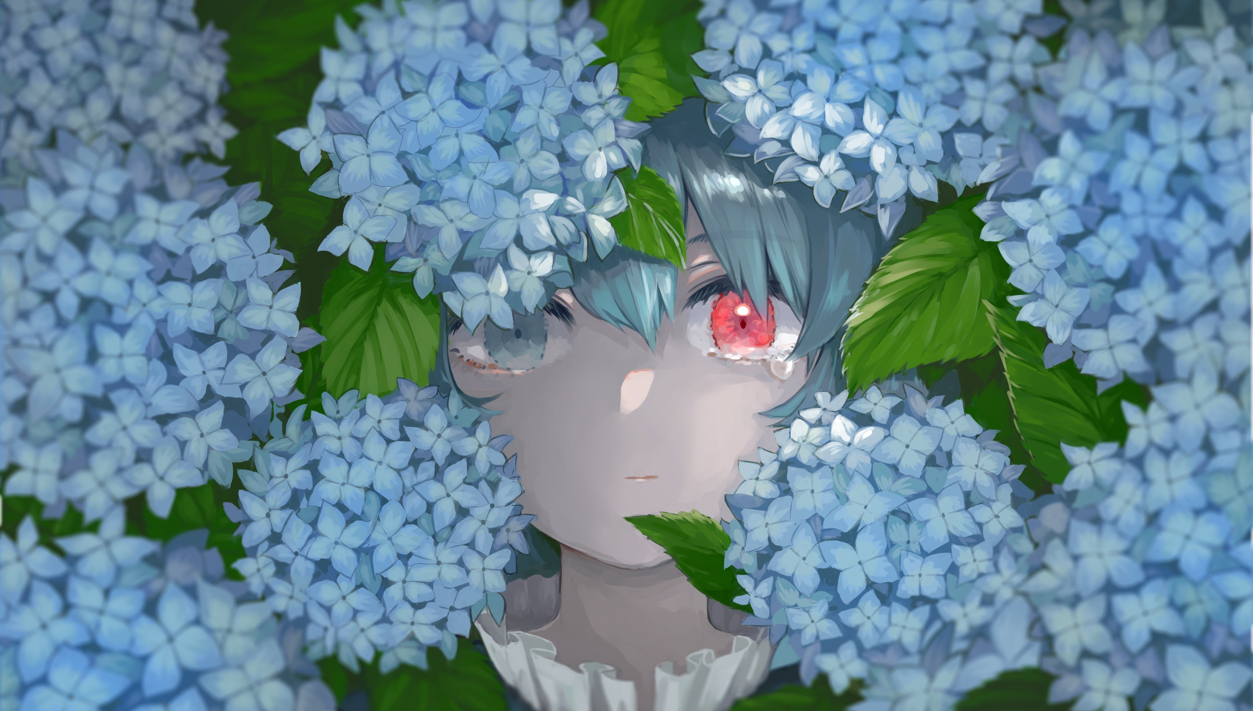 Kogasa Tatara surrounded by blue hydrangeas HD Wallpaper