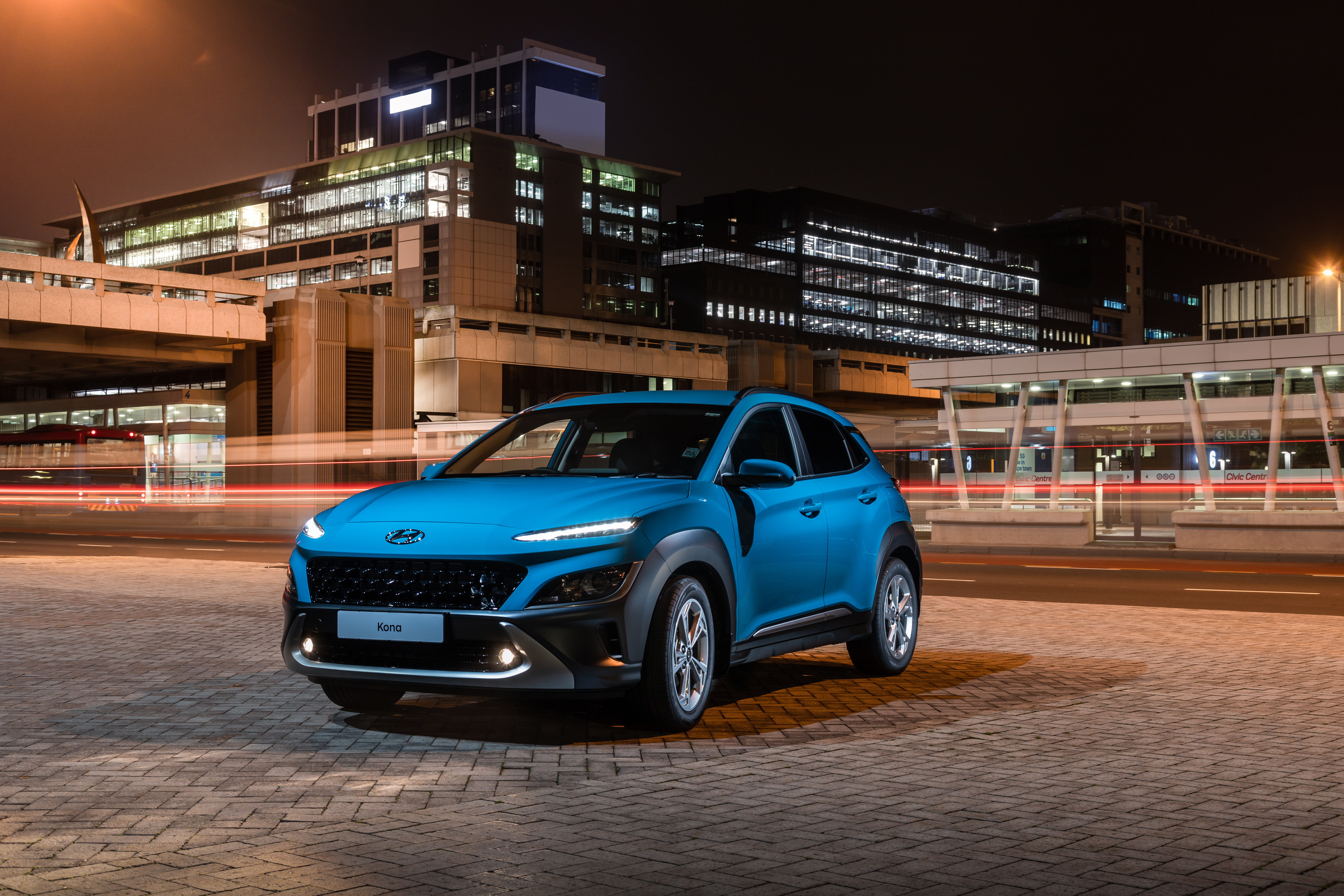 Blue 2021 Hyundai Kona SUV at night HD Wallpaper