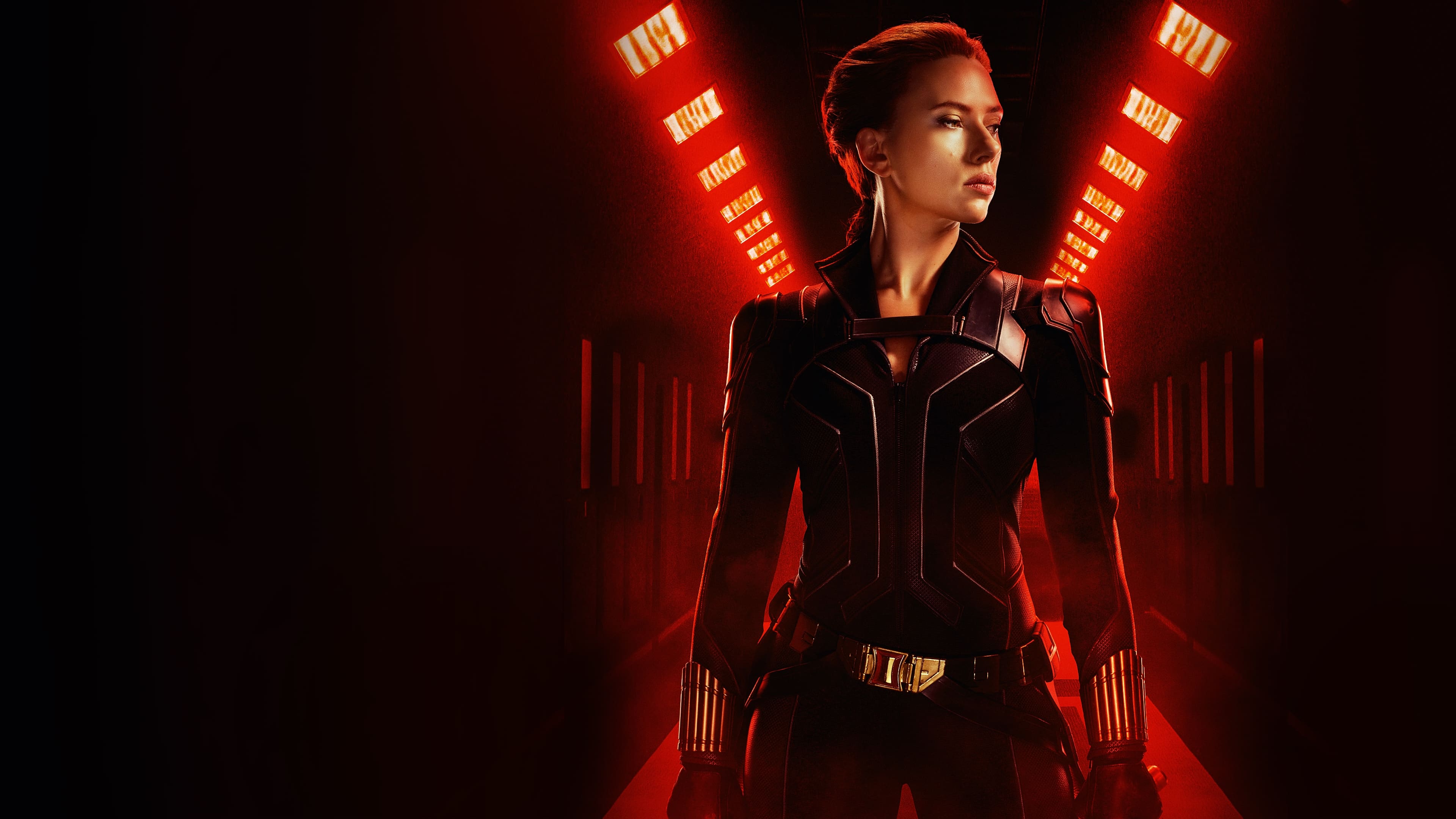 Scarlett Johansson as Black Widow in red hallway HD Wallpaper