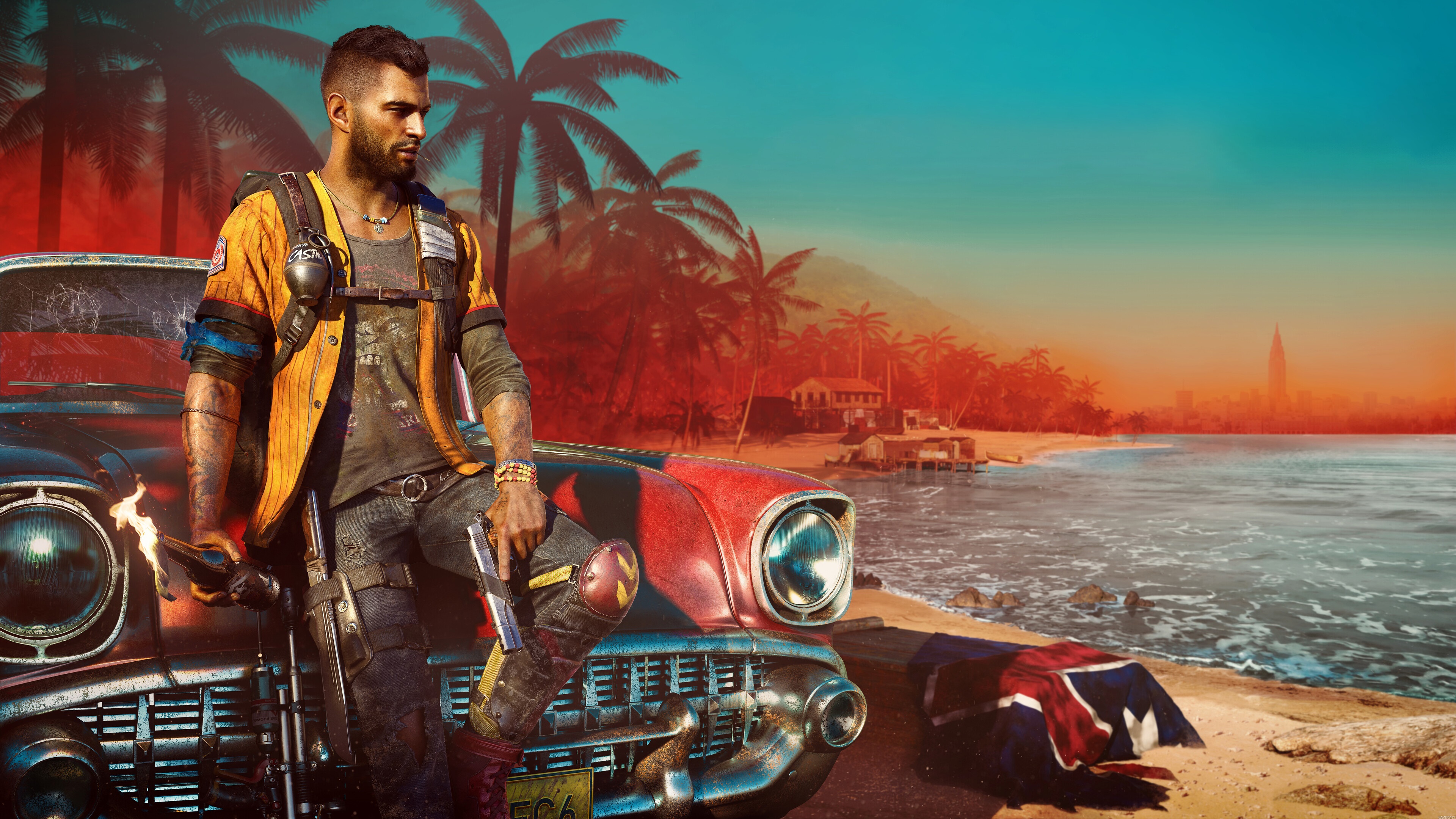 Dani Rojas from Far Cry 6 on a beach with a car HD Wallpaper