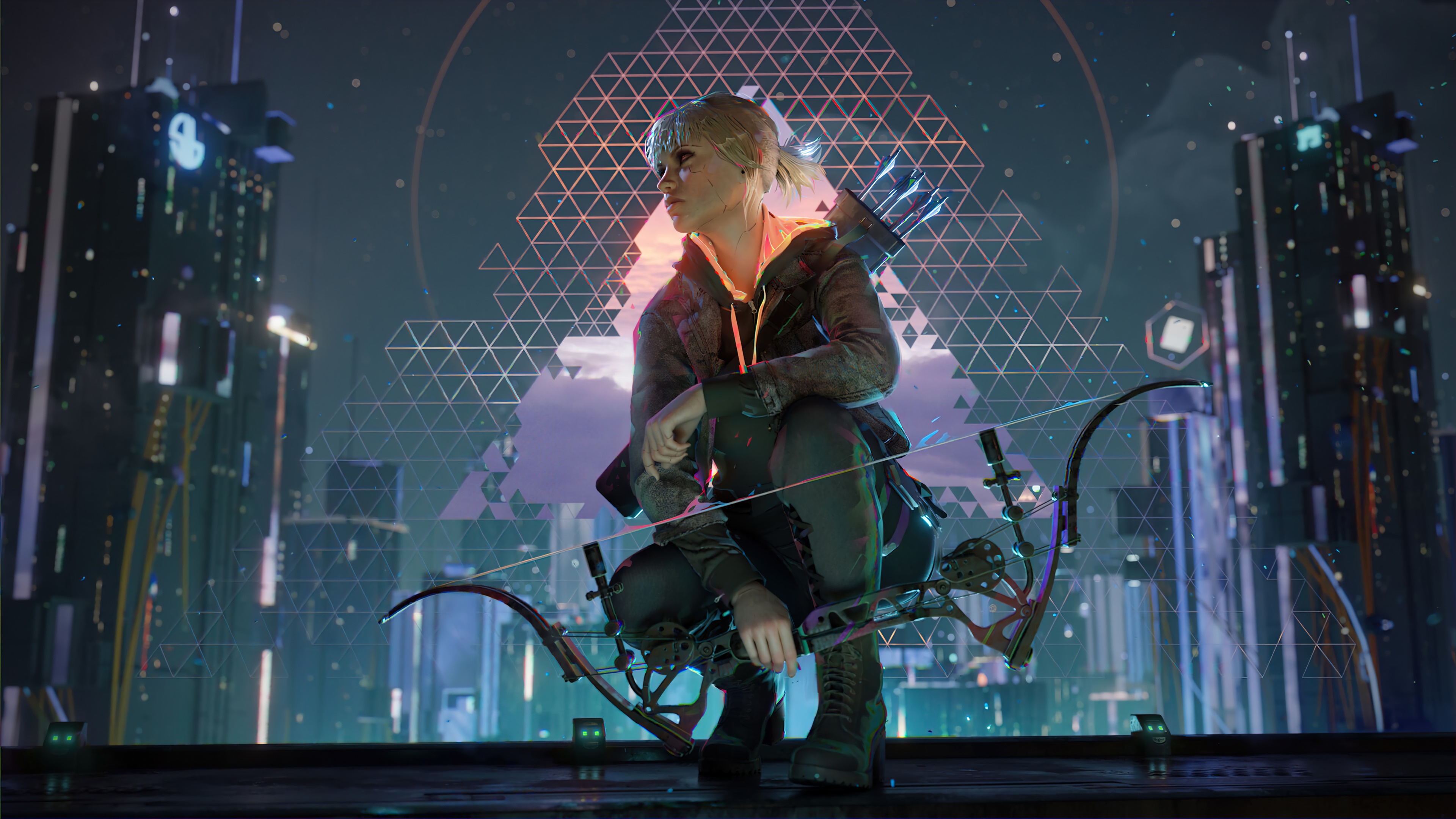 Girl with bow in cyberpunk city 4K HD Wallpaper