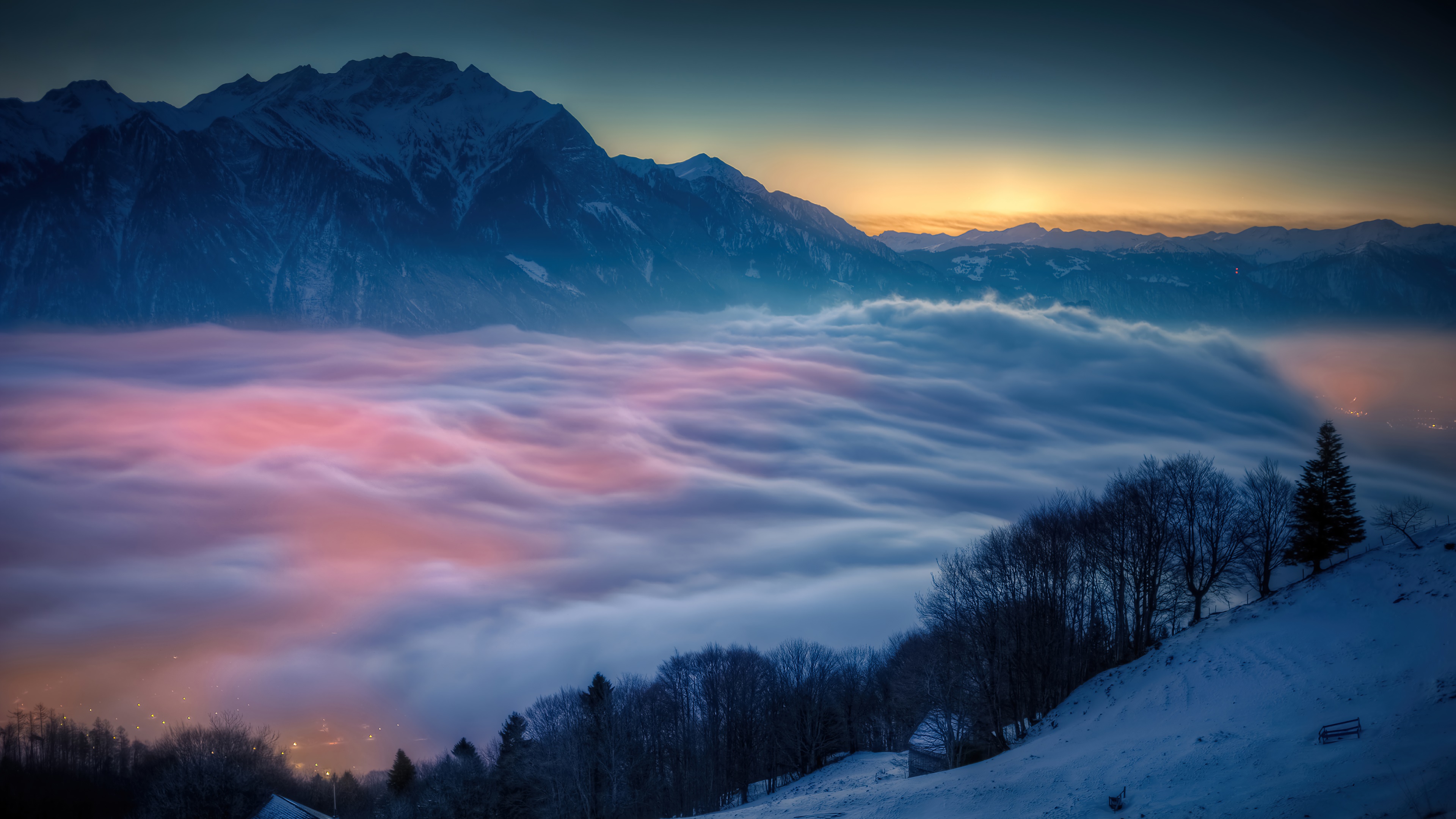 Mountain range above fog at sunset 4K HD Wallpaper
