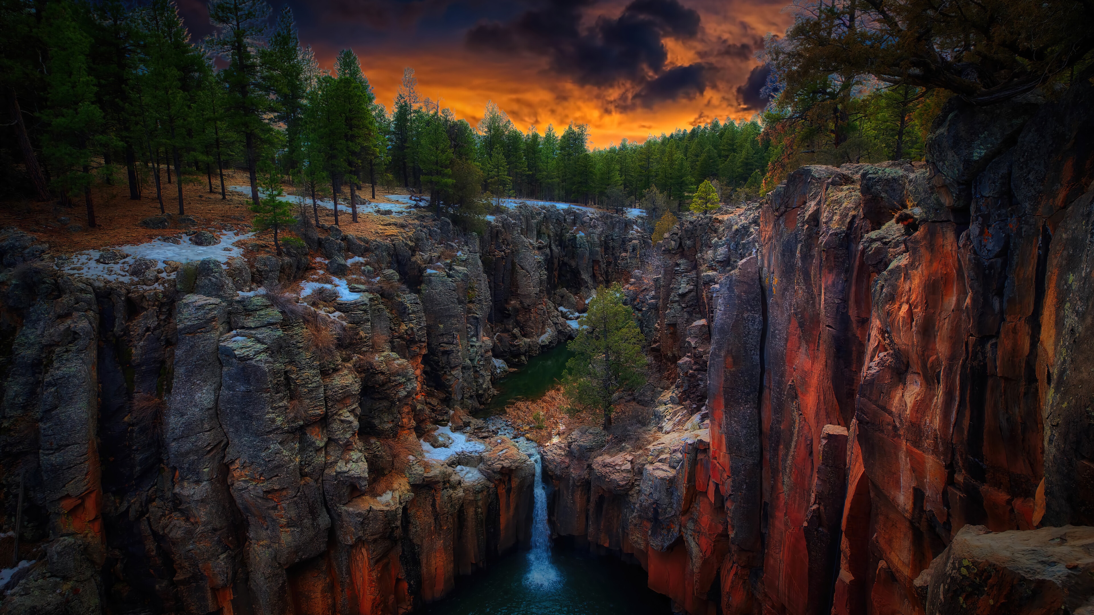 Canyon with waterfall and forest at sunset HD Wallpaper