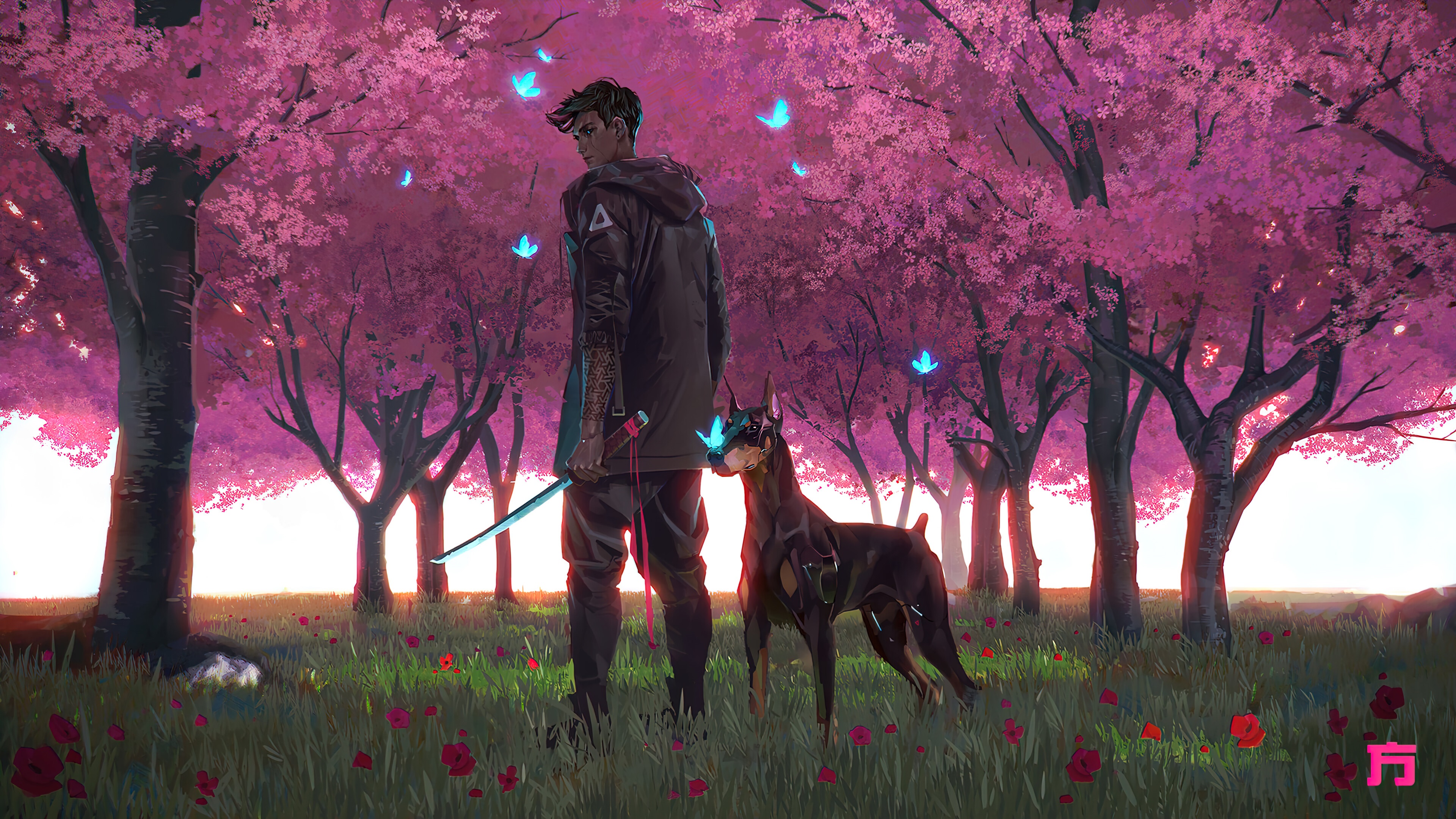 Cyberpunk man with katana and dog in cherry blossom forest 4K HD Wallpaper
