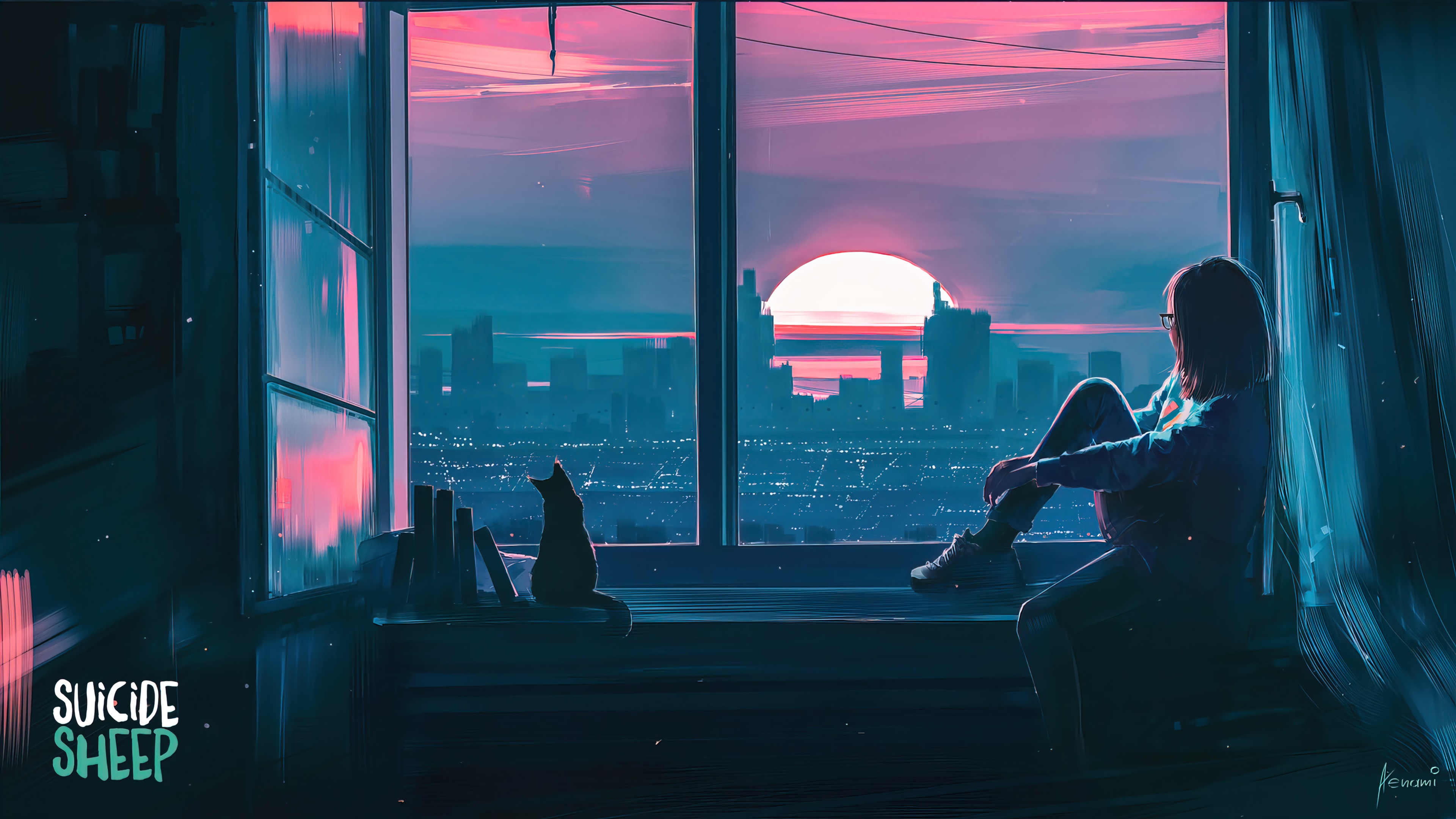 Girl and cat watching sunset over city 4K HD Wallpaper