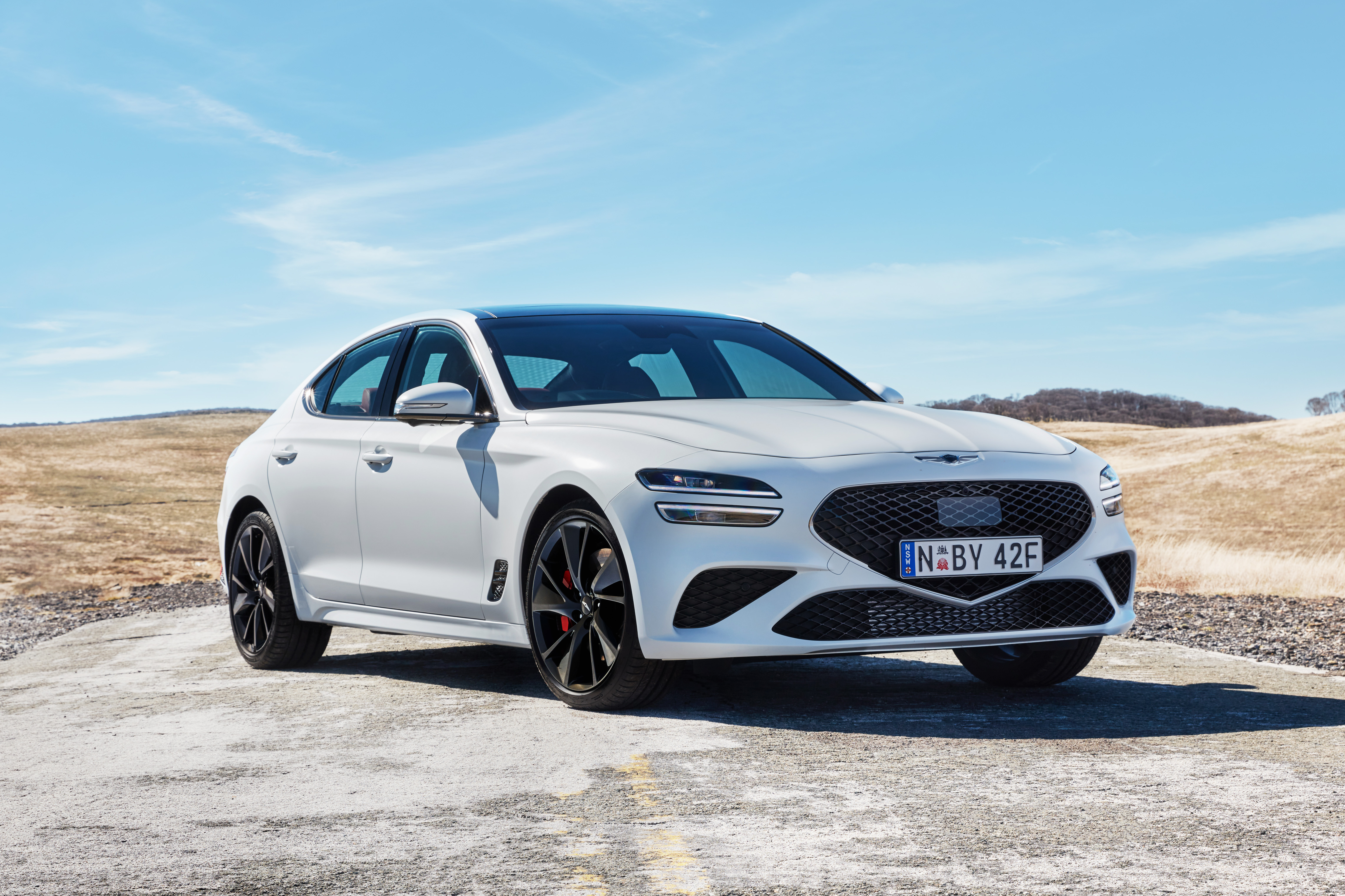 White 2021 Genesis G70 3.3T Sport luxury car HD Wallpaper