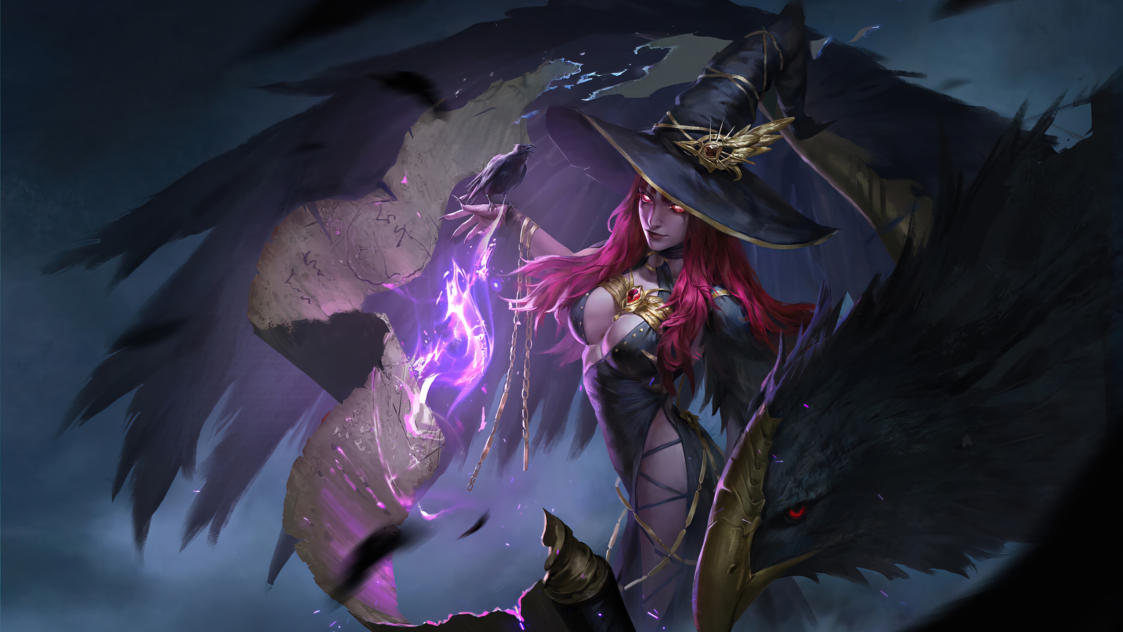 Witch with scroll and raven, fantasy art 4K HD Wallpaper
