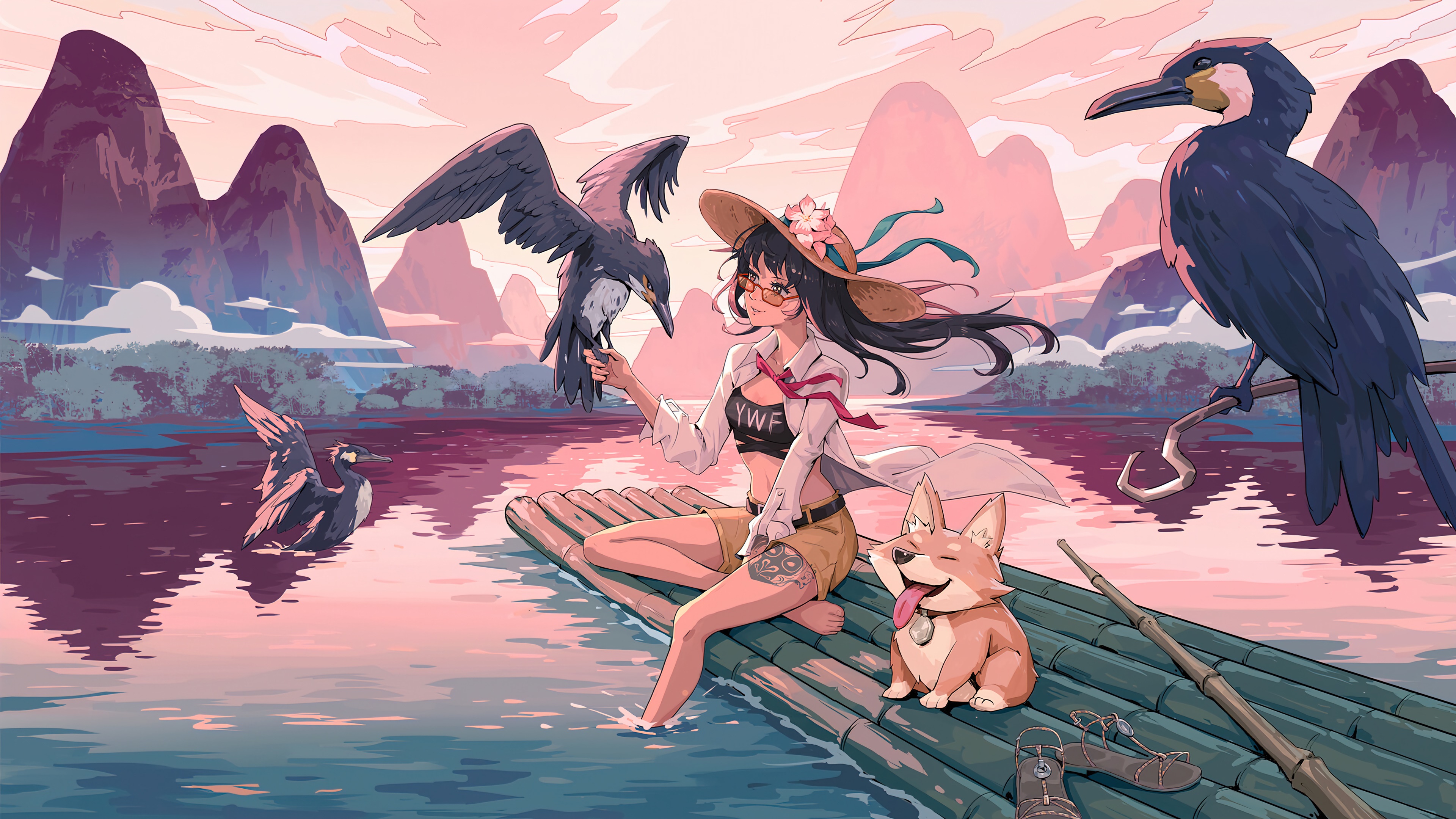 Anime girl with corgi and birds on a raft HD Wallpaper