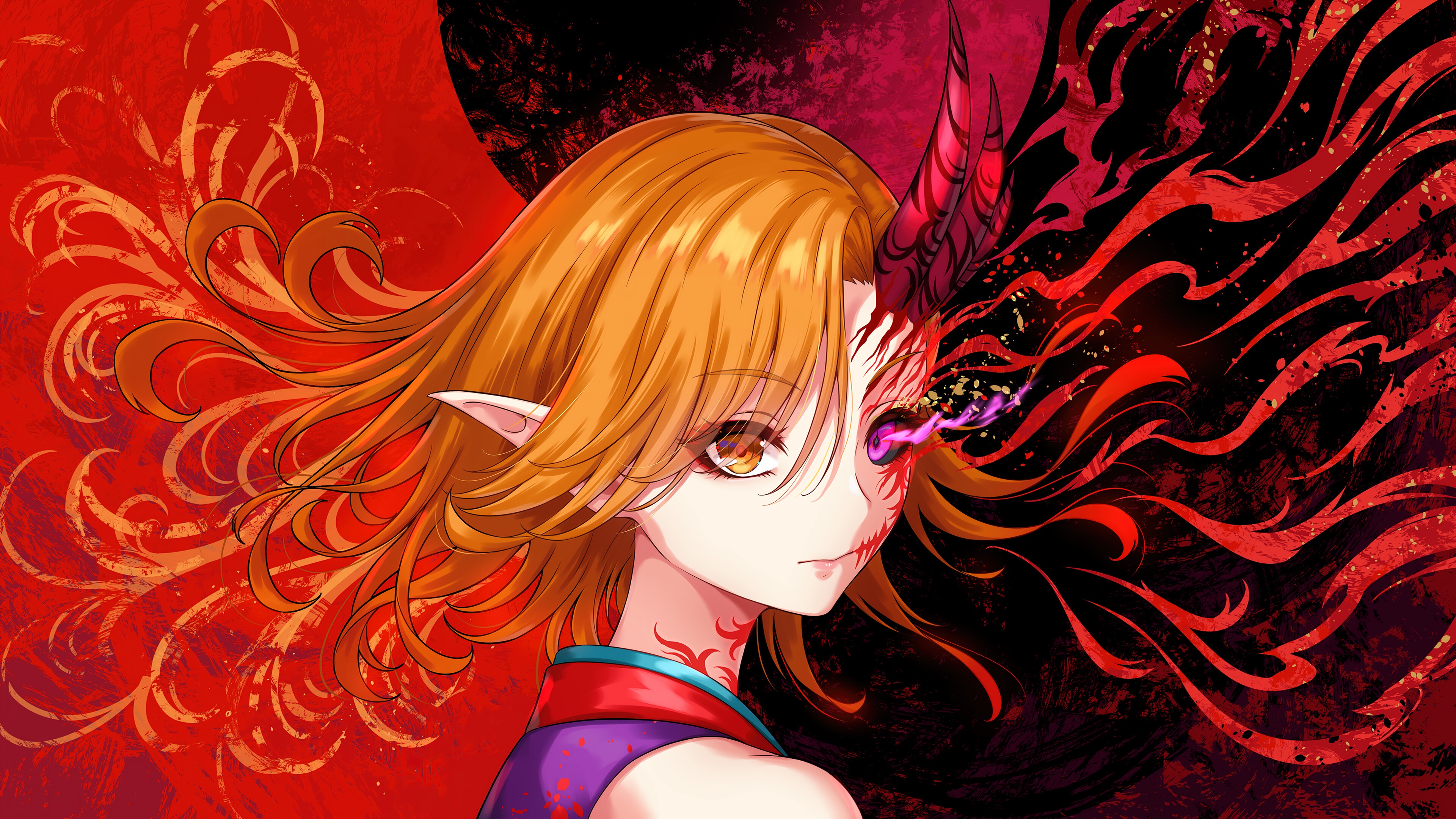 Anime girl with devil horns and red markings HD Wallpaper