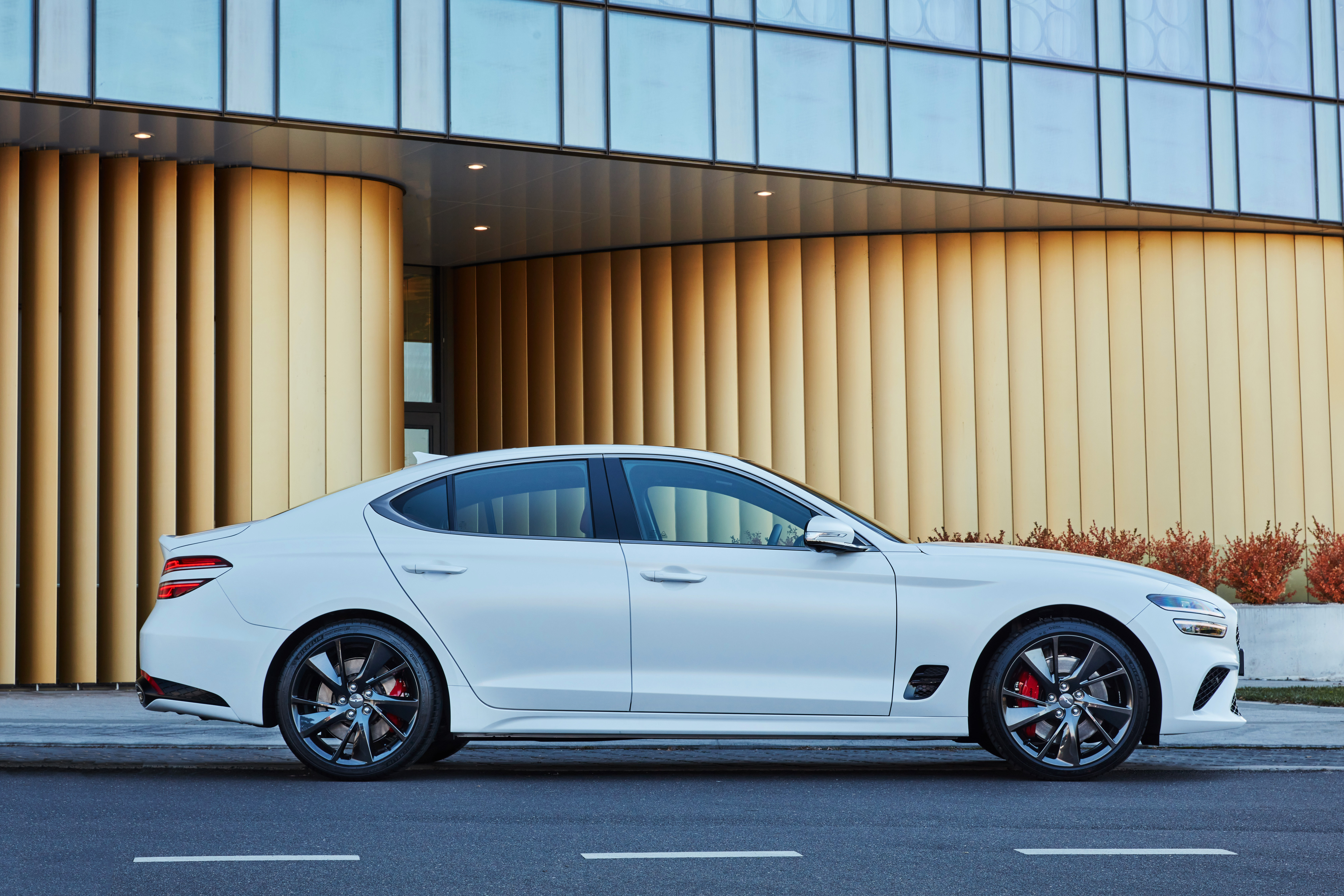 White 2021 Genesis G70 3.3T Sport parked HD Wallpaper