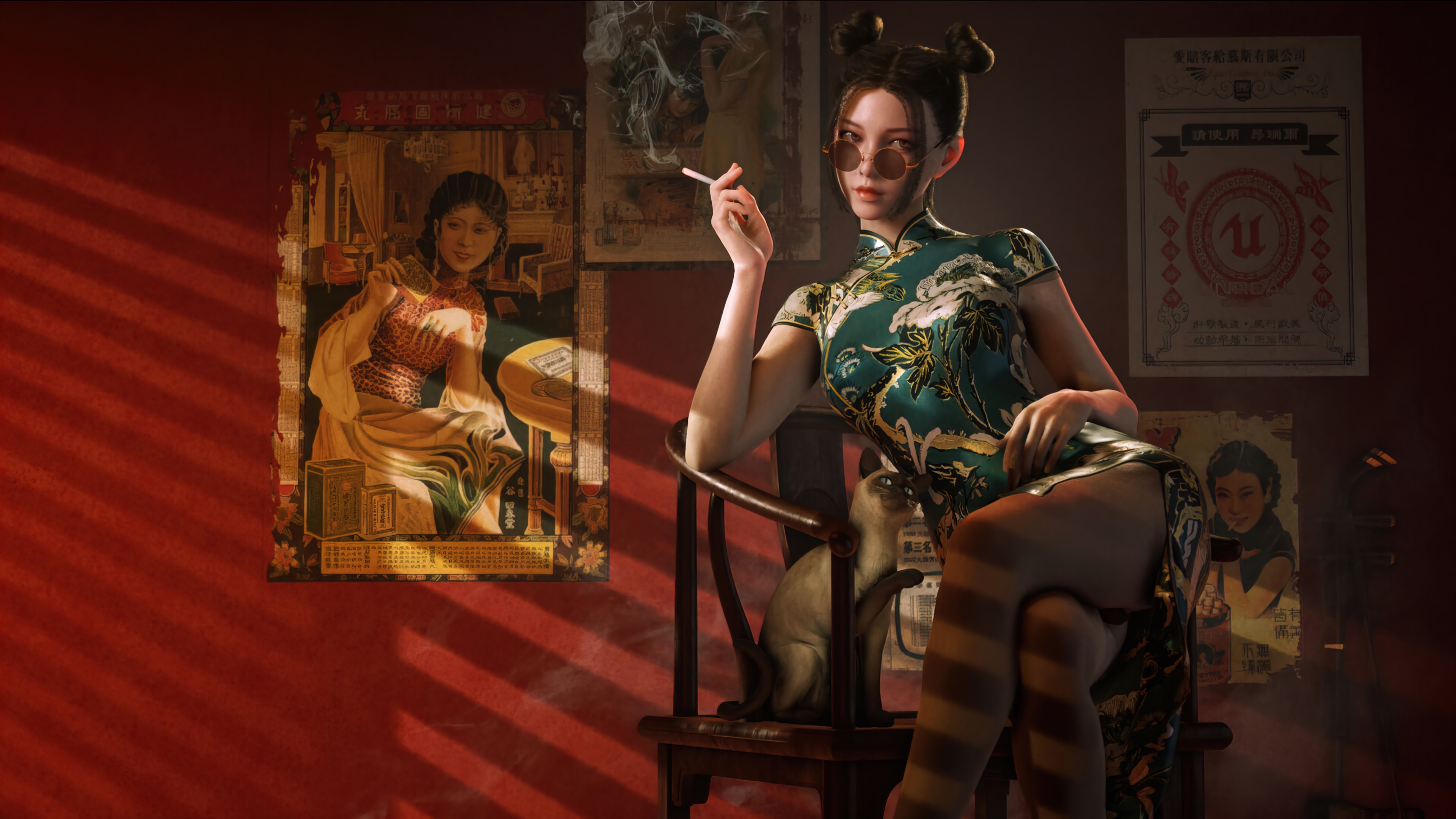 Girl smoking in a cheongsam with cat and posters HD Wallpaper