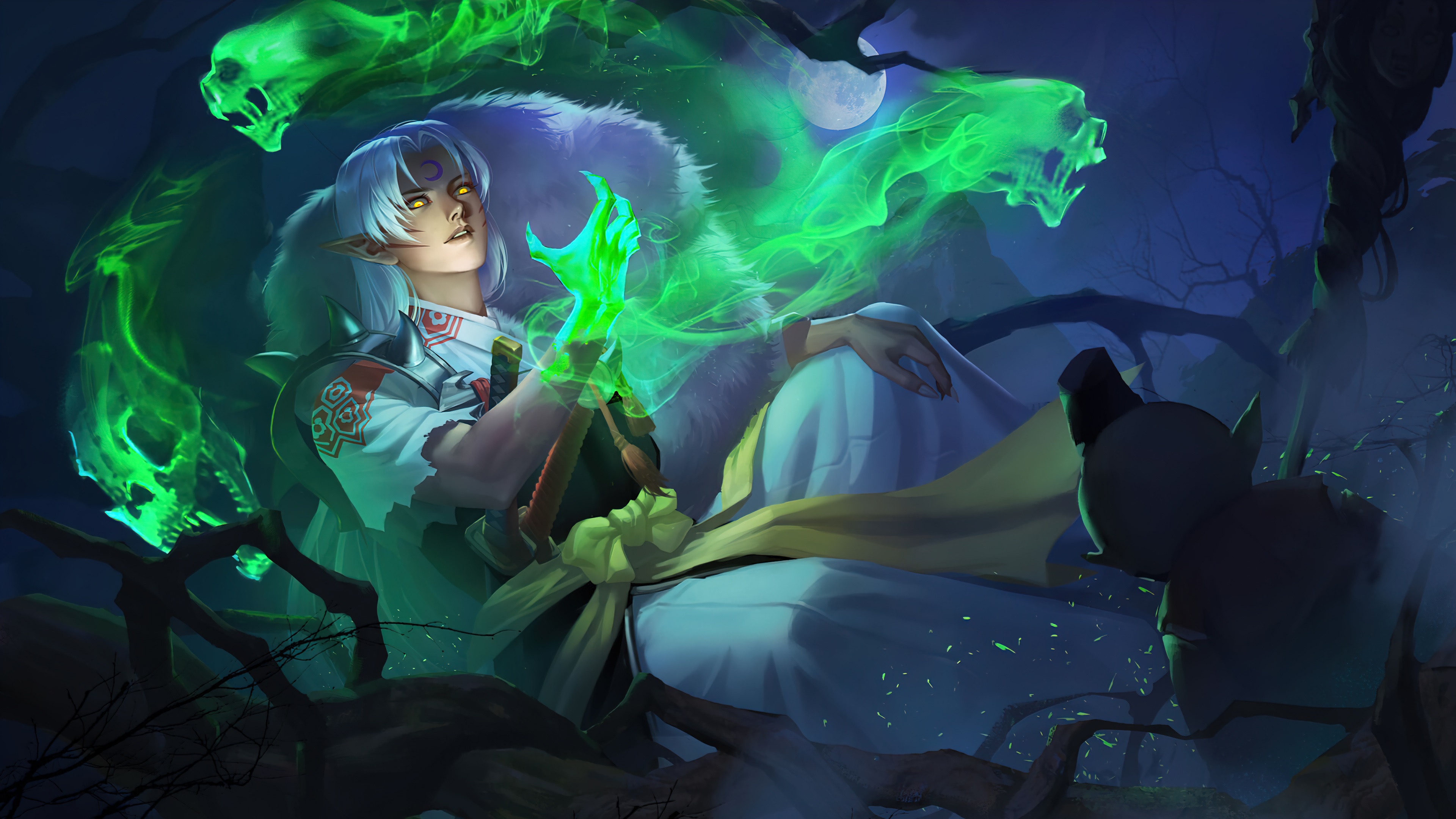 Sesshomaru with green spectral wolves HD Wallpaper