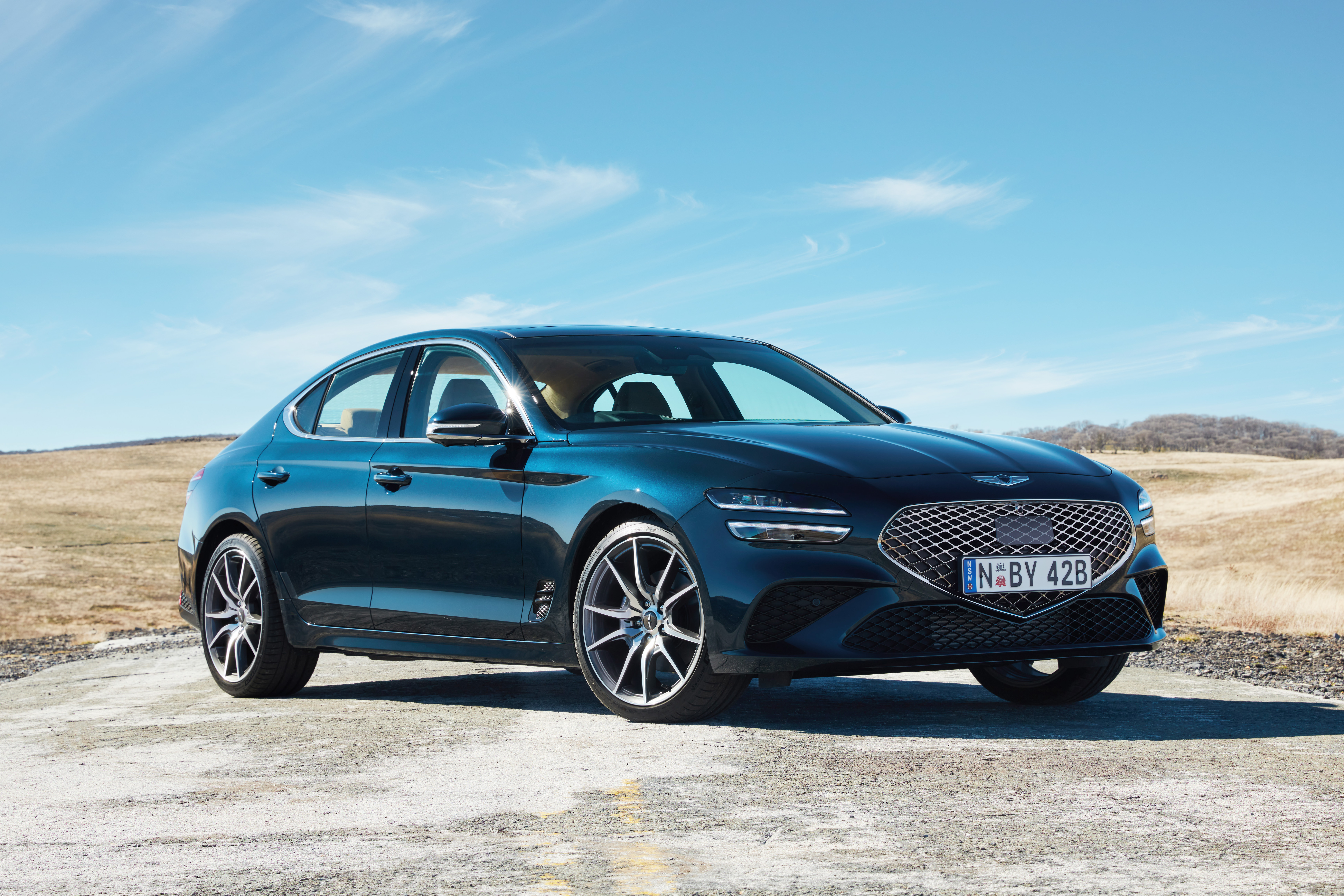 Blue 2021 Genesis G70 2.0T luxury sedan HD Wallpaper