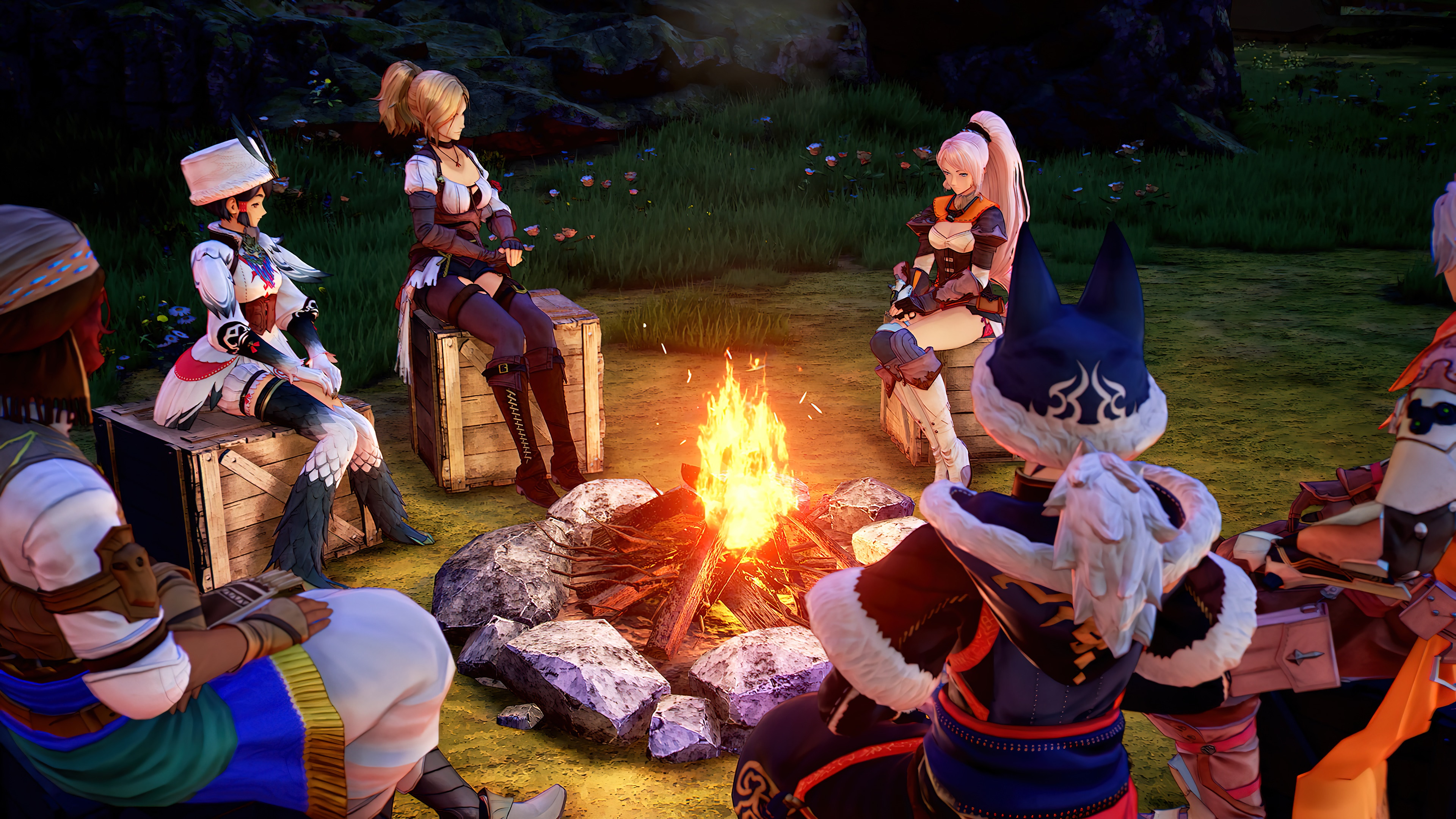 Tales of Arise characters around a campfire HD Wallpaper