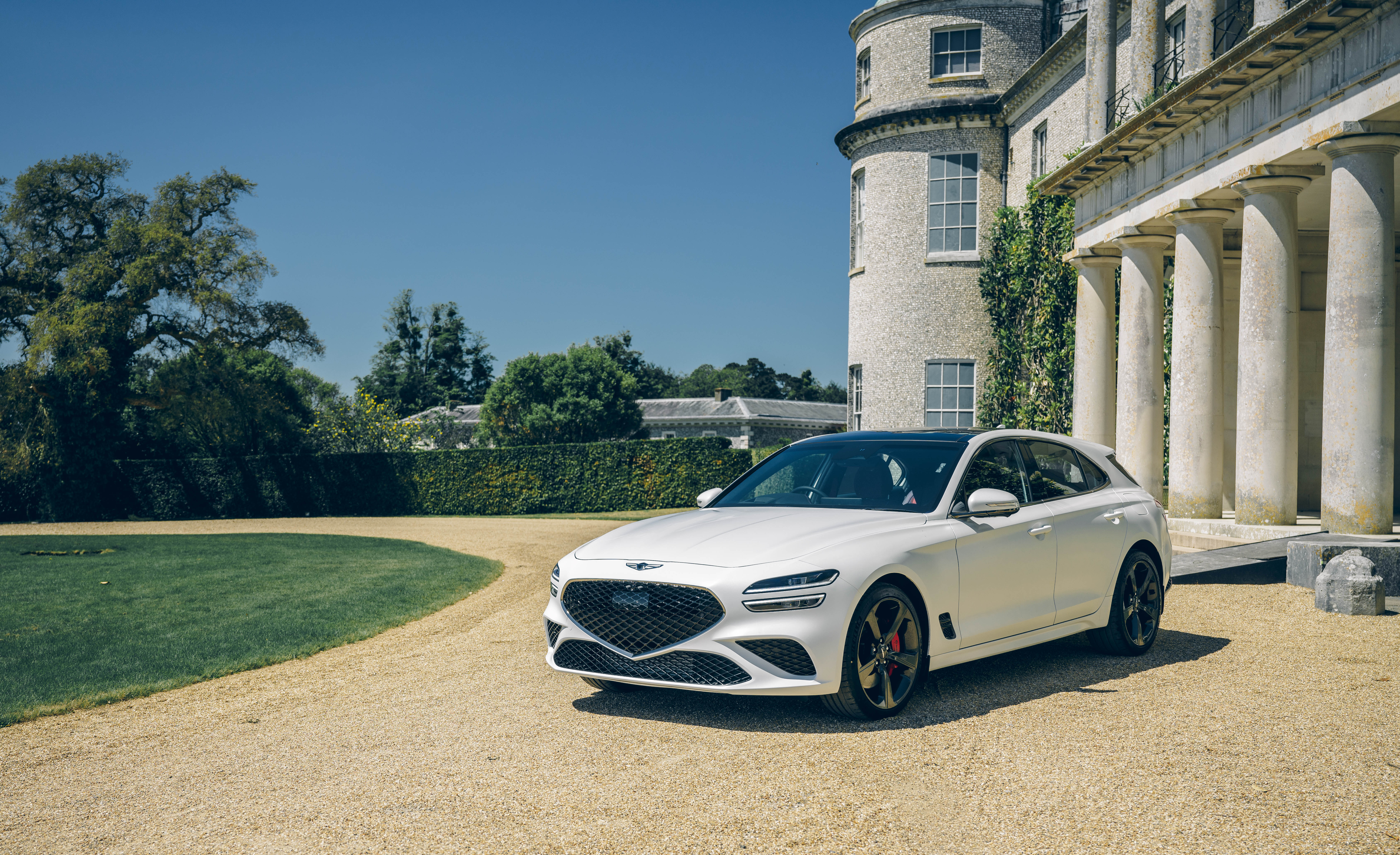 White 2021 Genesis G70 Shooting Brake parked at a mansion HD Wallpaper
