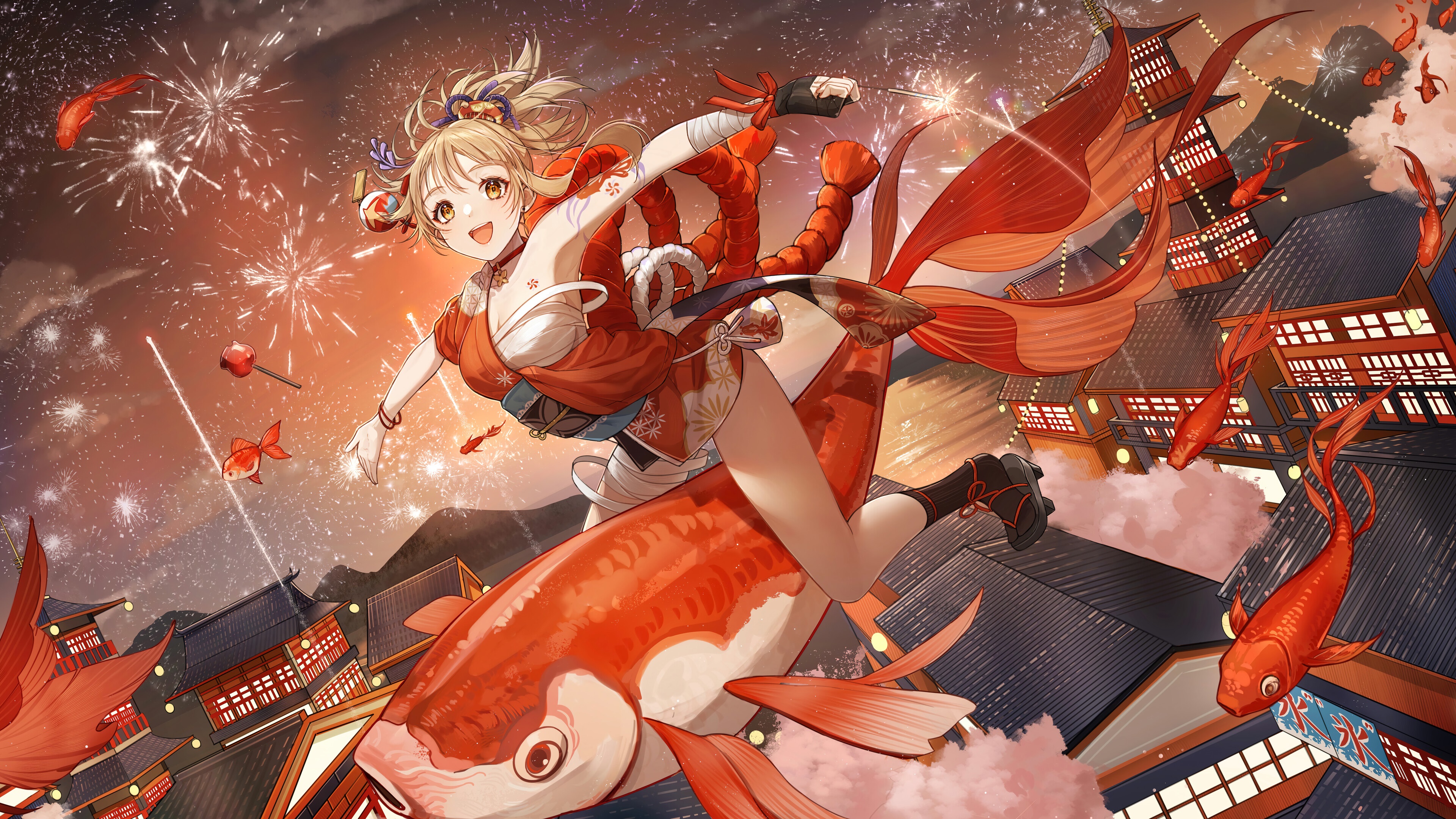 Yoimiya from Genshin Impact with Koi Fish and Fireworks HD Wallpaper