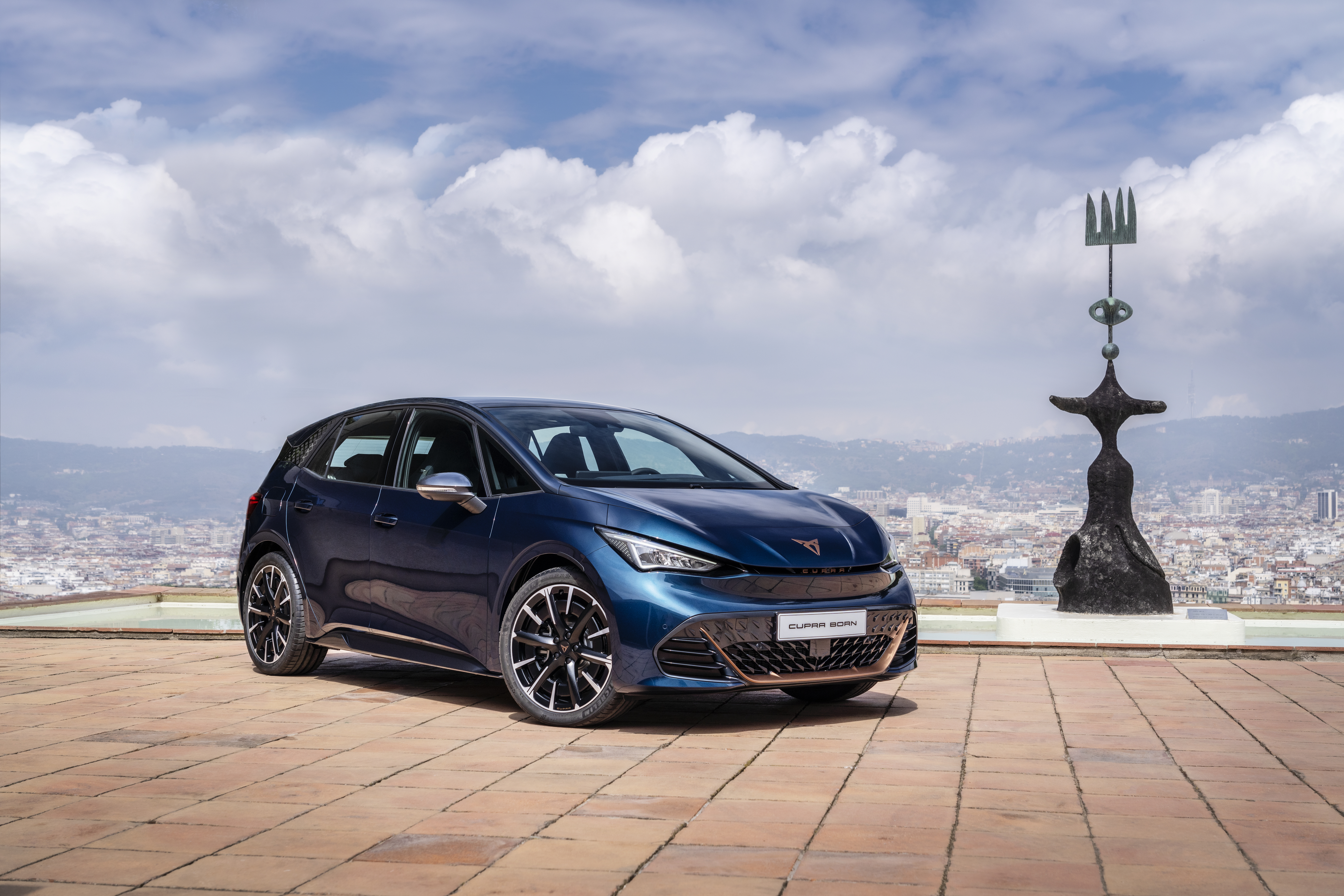 Blue 2021 Cupra Born electric car in Barcelona HD Wallpaper
