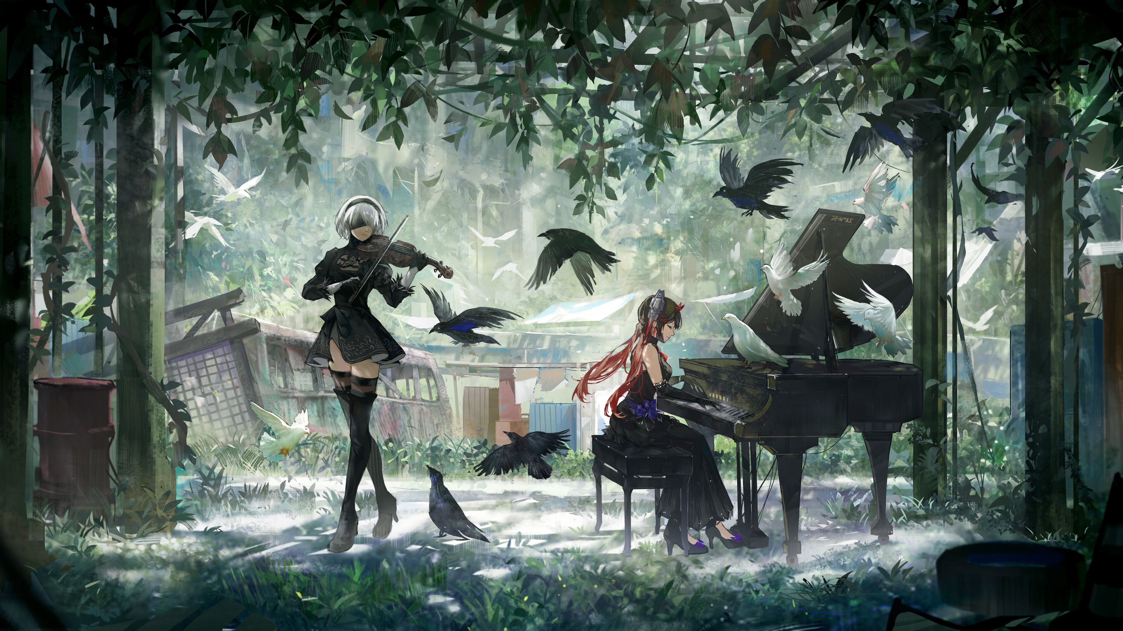 2B and Lucia from Punishing Gray Raven playing music HD Wallpaper