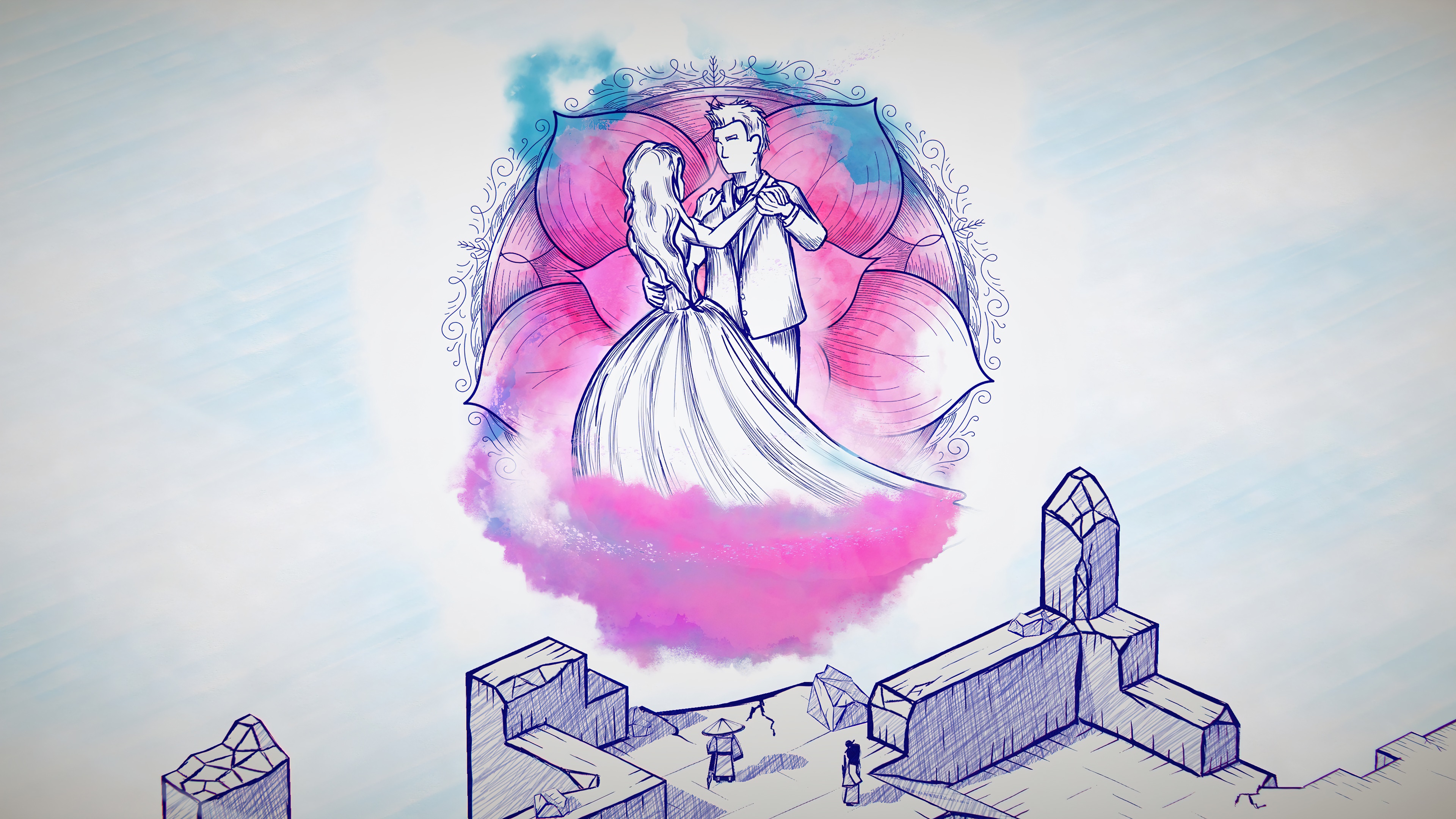 Couple dancing within a lotus flower, 4K HD Wallpaper