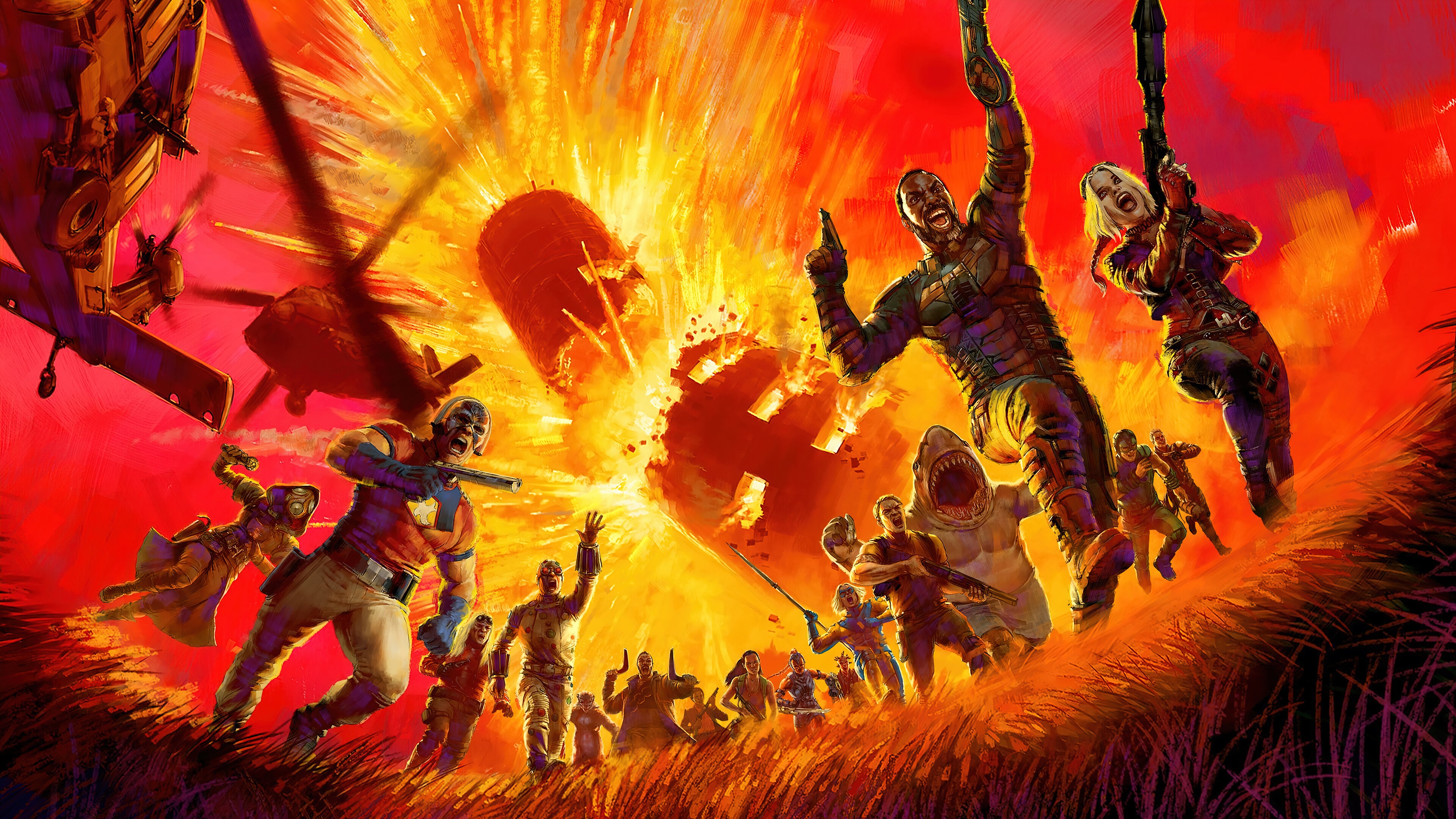 The Suicide Squad characters in front of an explosion HD Wallpaper