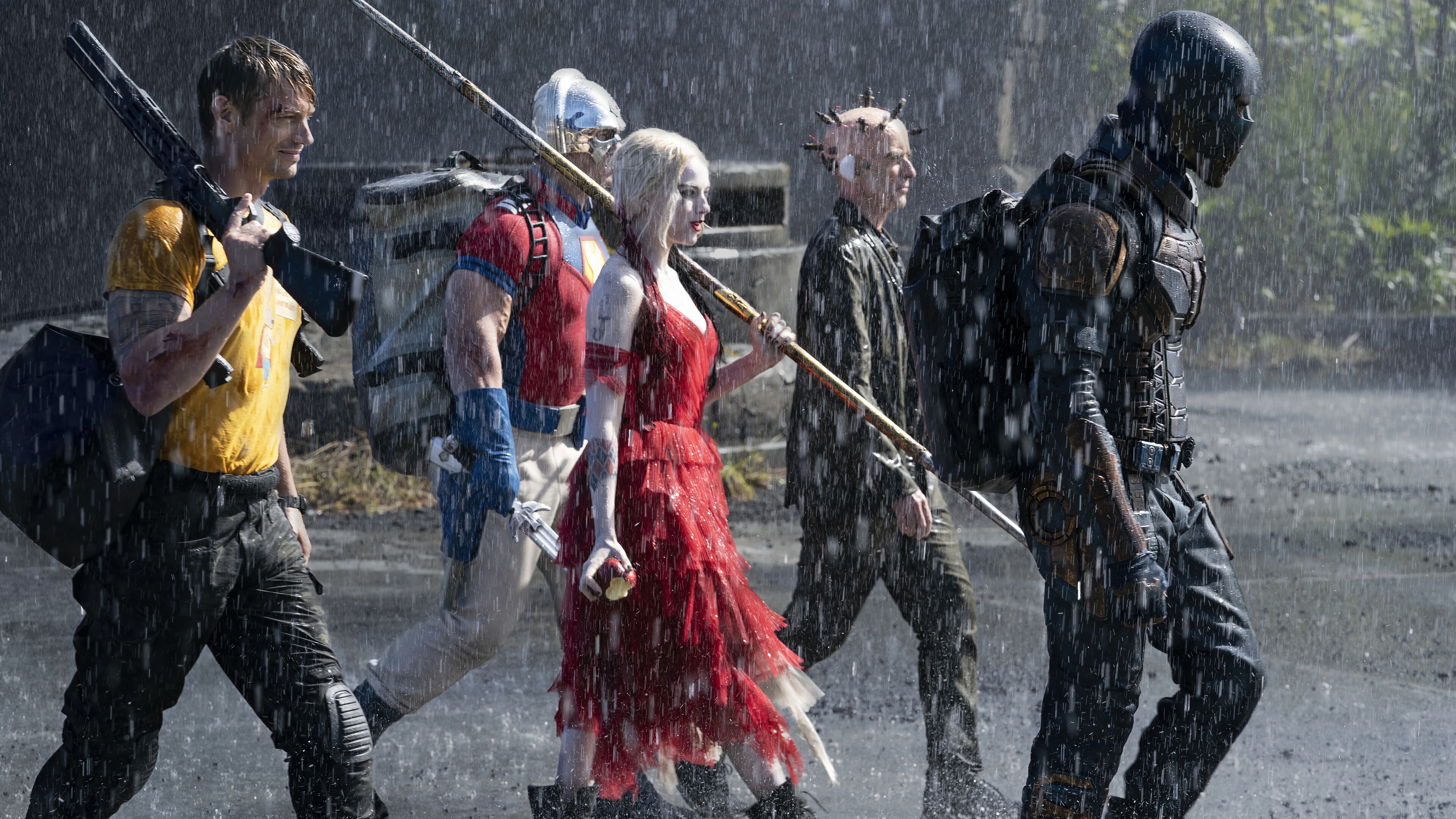 The Suicide Squad: Bloodsport, Peacemaker, Harley Quinn, Ratcatcher 2, and Polka-Dot Man in the rain HD Wallpaper