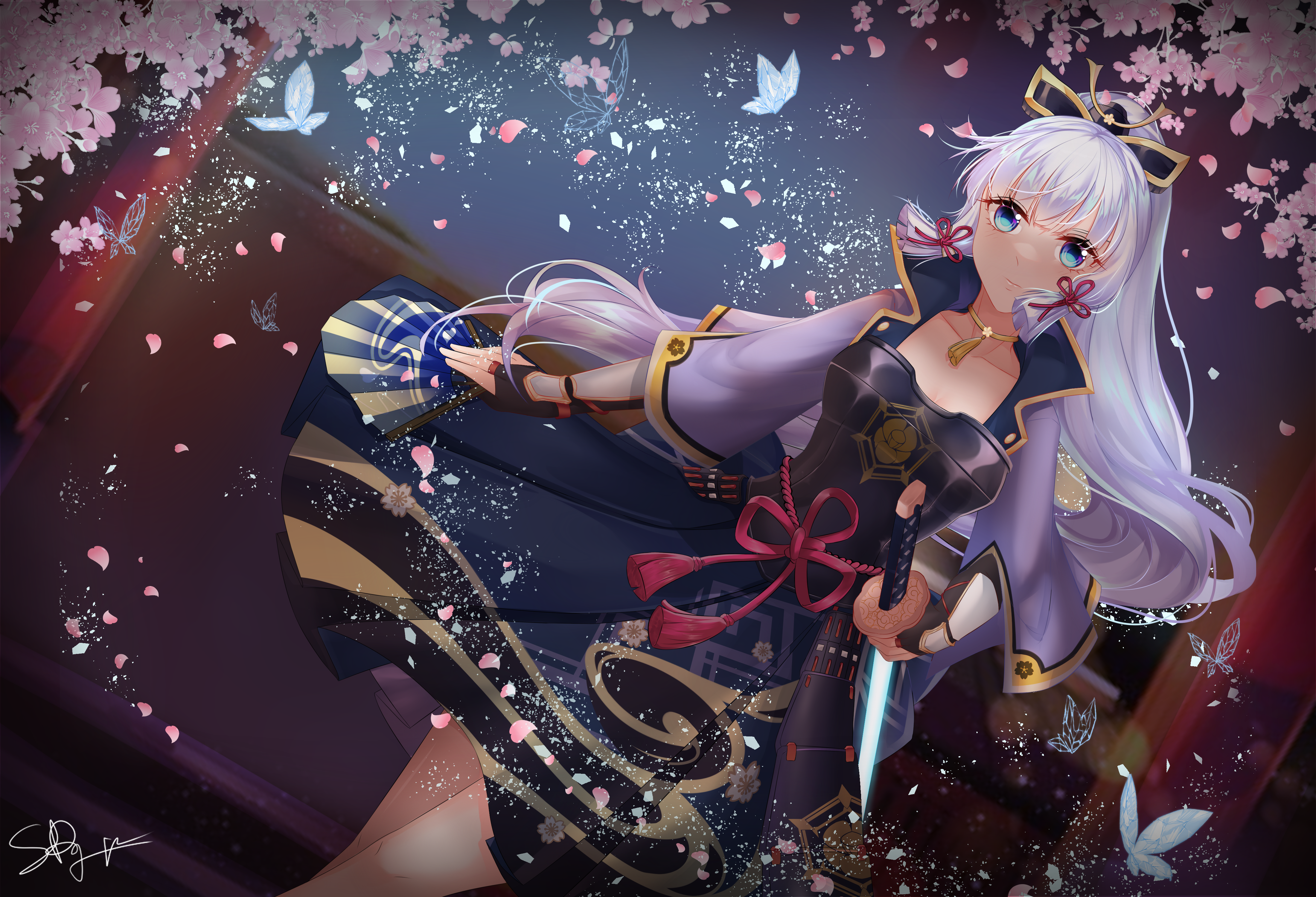 Kamisato Ayaka with Cherry Blossoms and Butterflies HD Wallpaper