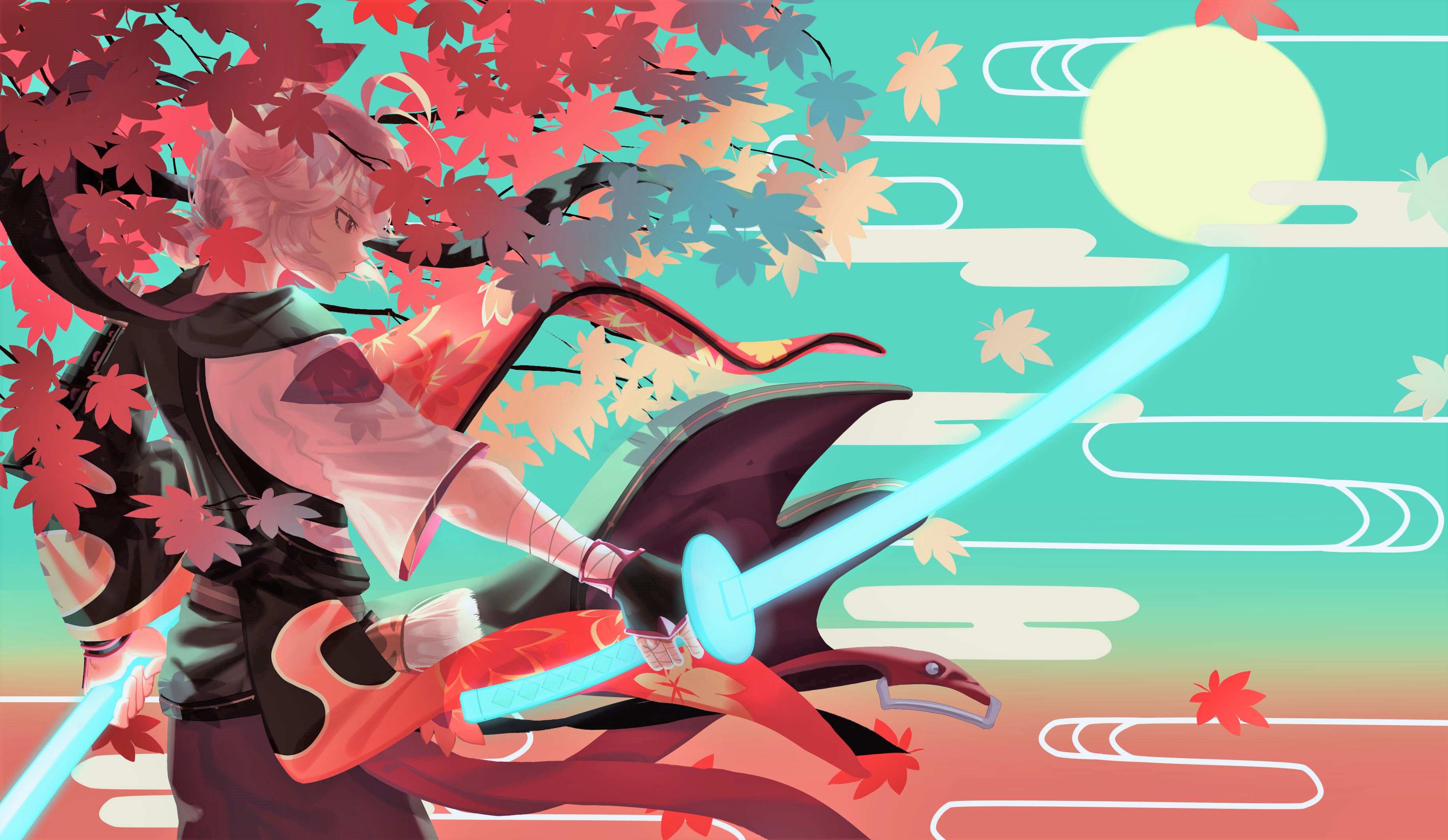 Kaedehara Kazuha with glowing swords and maple leaves HD Wallpaper