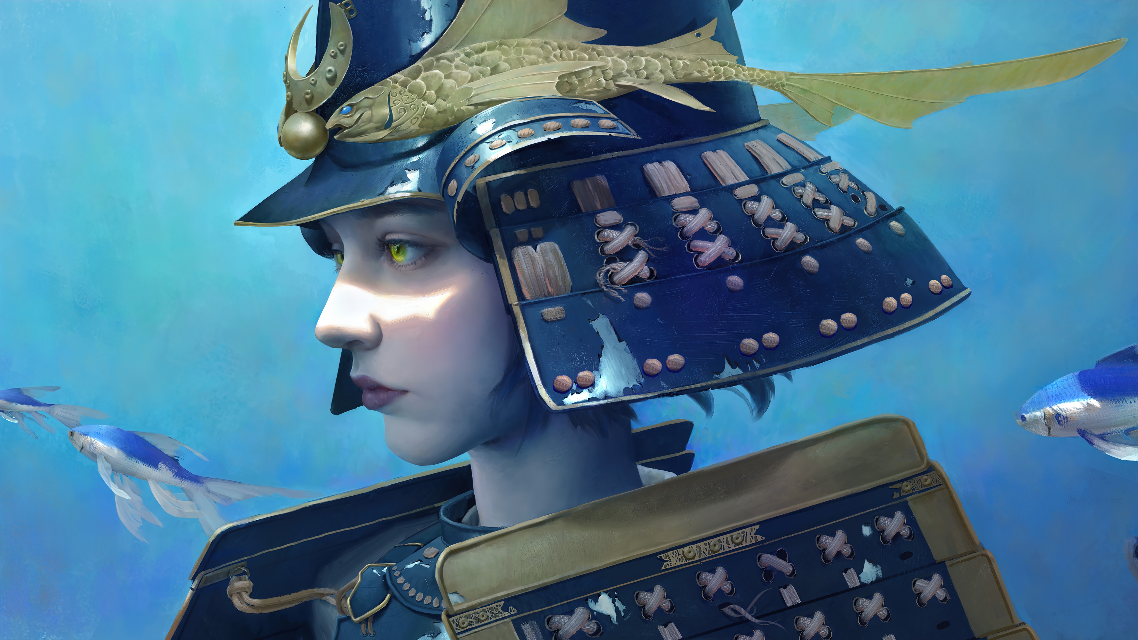 Girl in Samurai Armor with Koi Fish HD Wallpaper