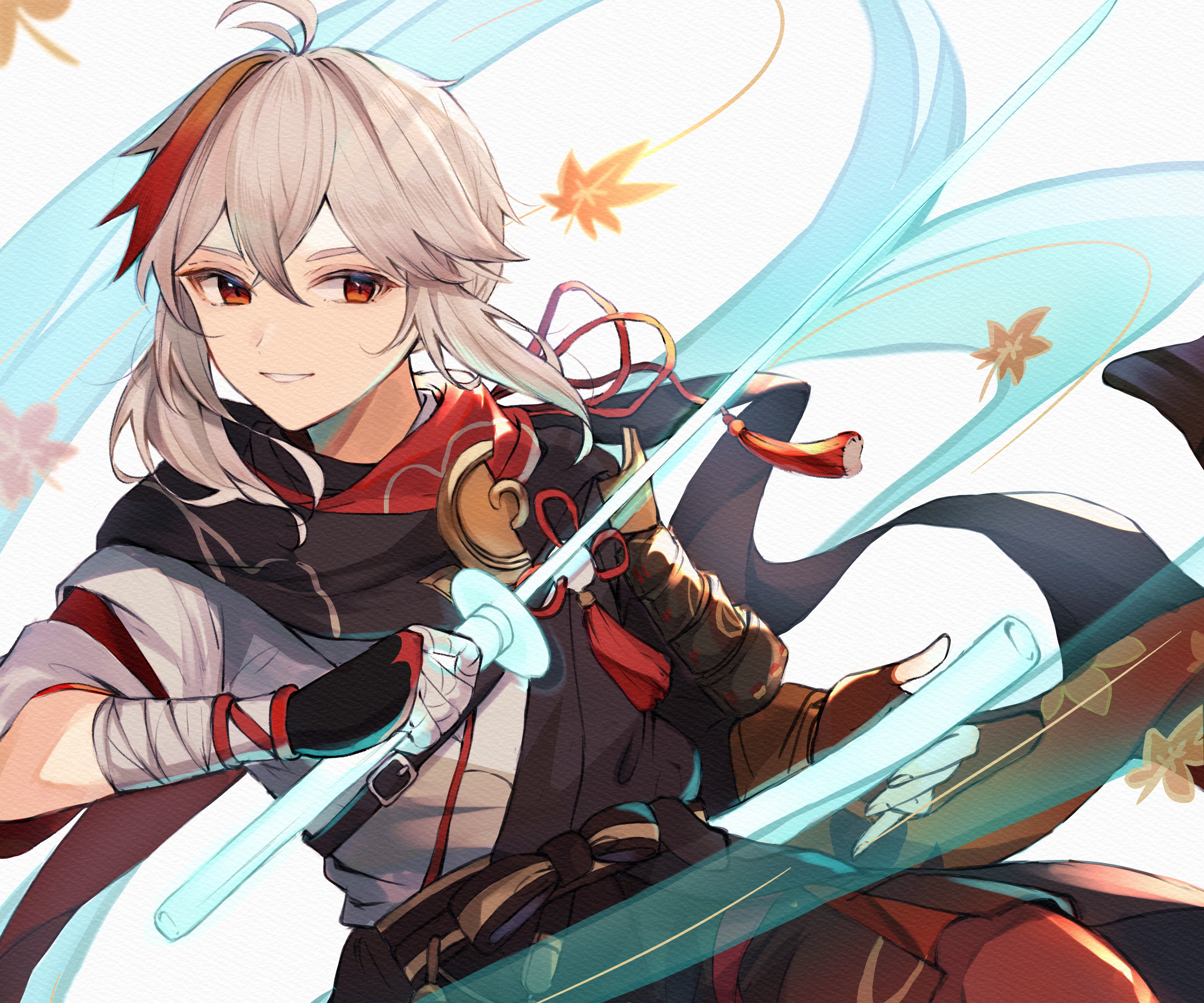 Kaedehara Kazuha with glowing swords and autumn leaves HD Wallpaper