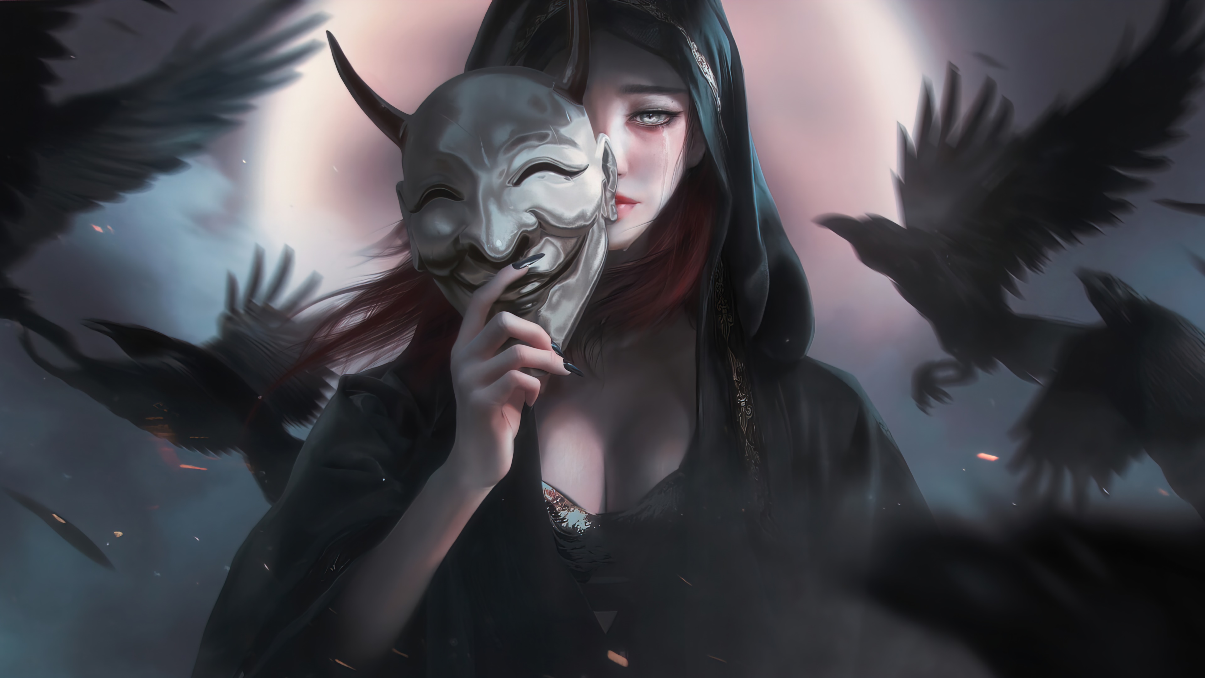 Girl in a mask with crows 4K HD Wallpaper