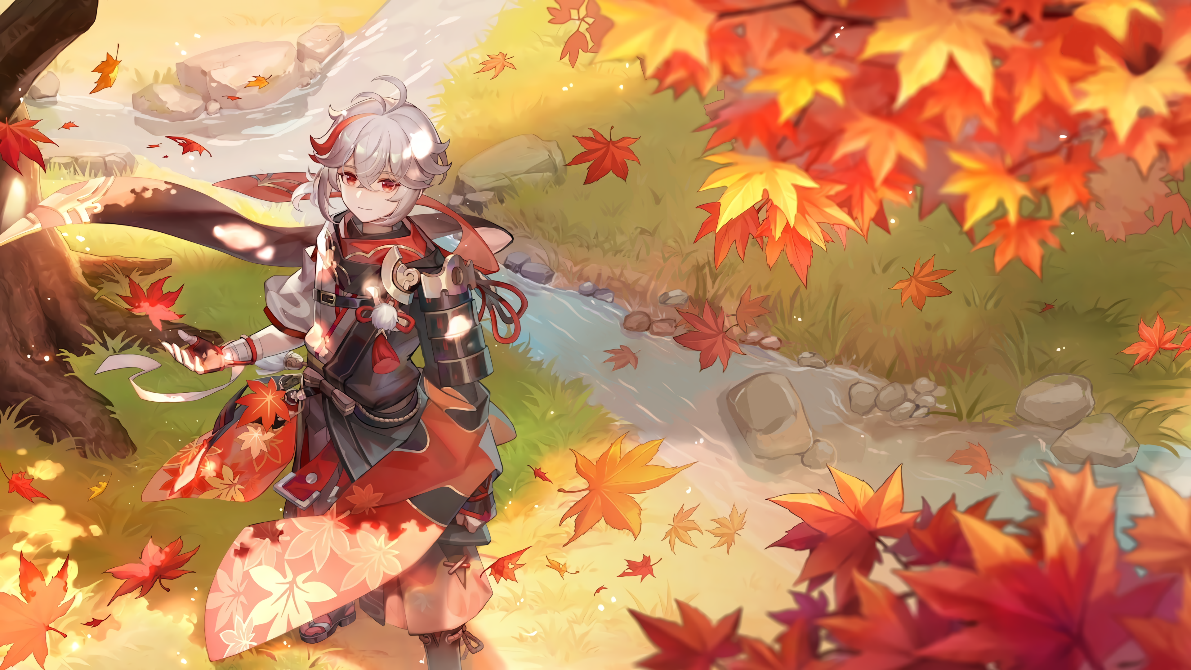 Kaedehara Kazuha in autumn with falling maple leaves HD Wallpaper