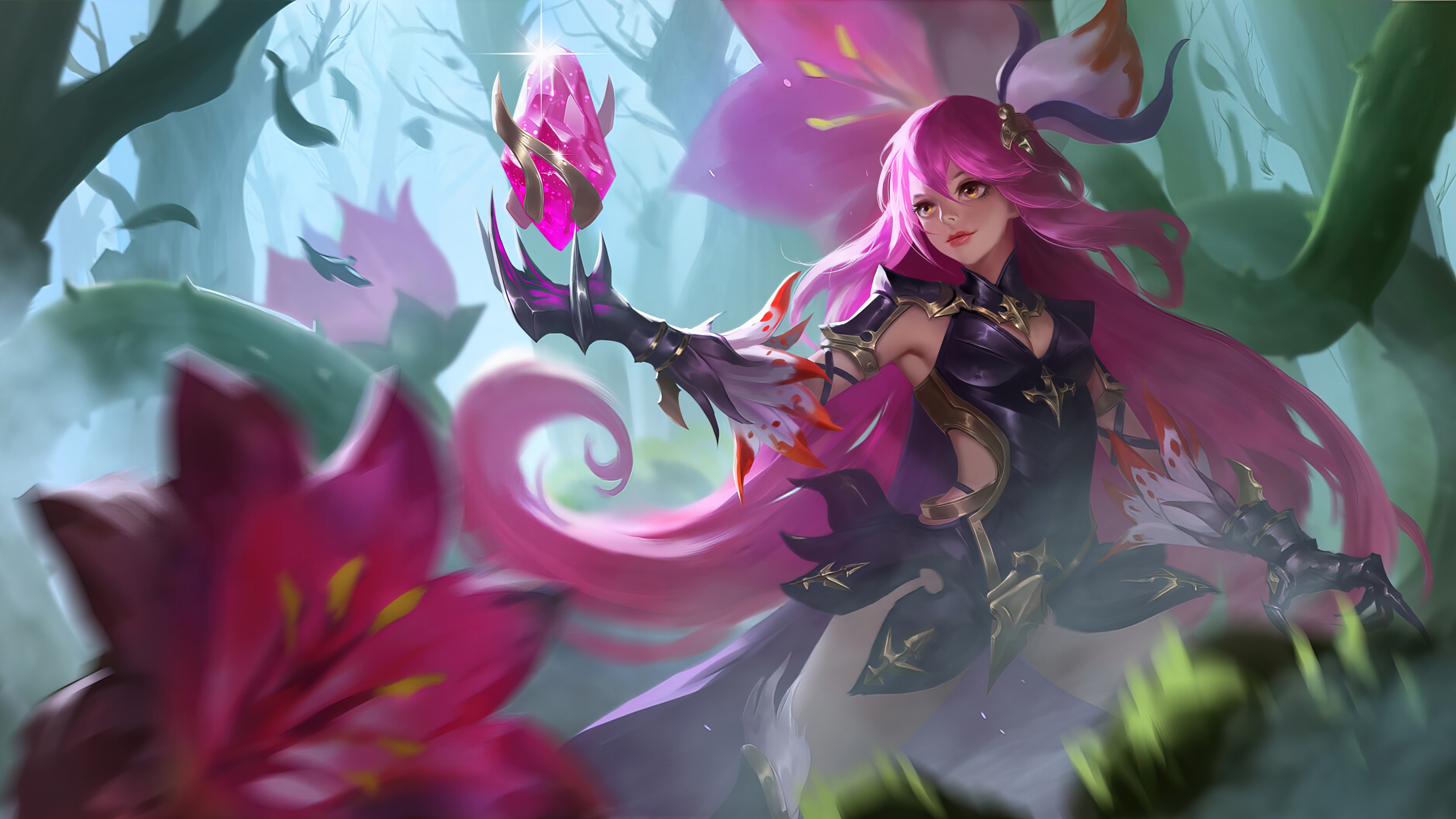 Girl with pink hair holding a crystal in a forest HD Wallpaper