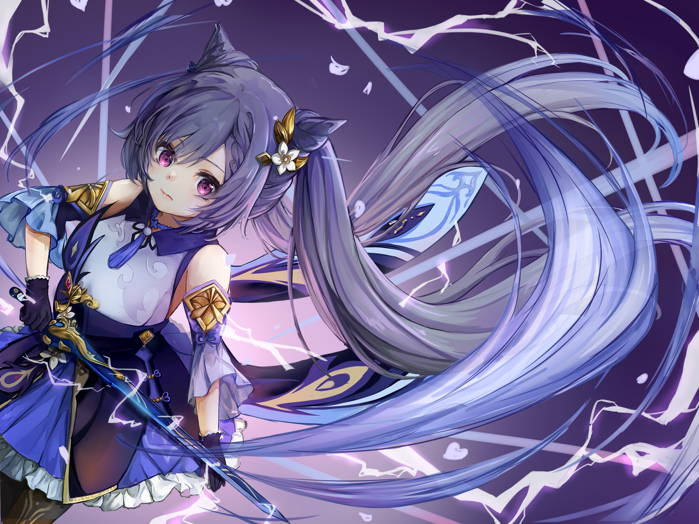 Keqing from Genshin Impact with flowing purple hair HD Wallpaper
