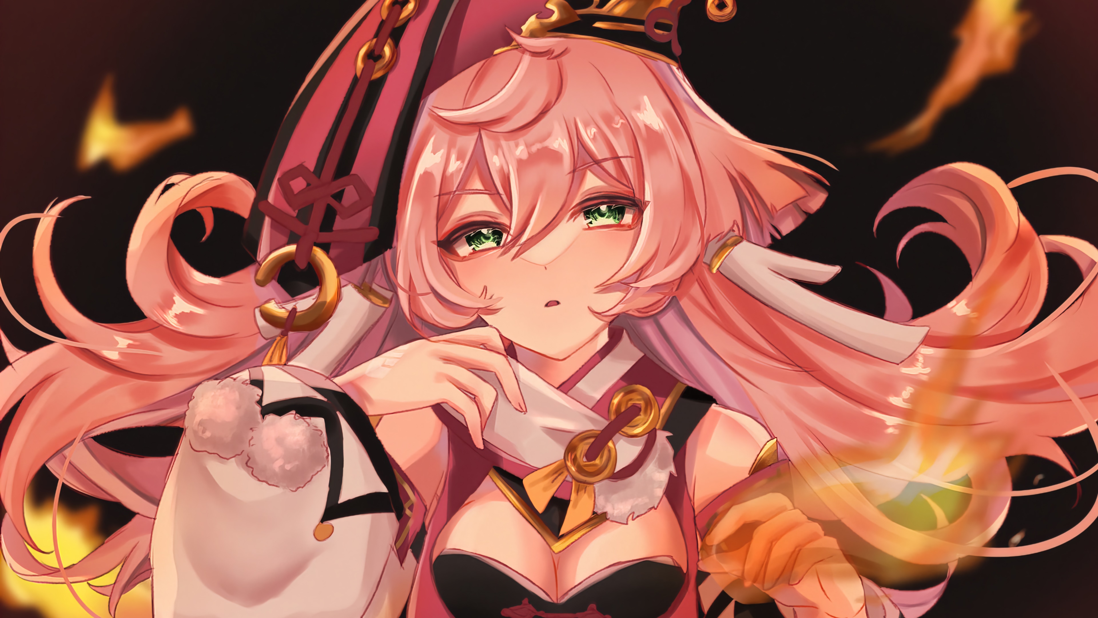 Yanfei from Genshin Impact with fire HD Wallpaper