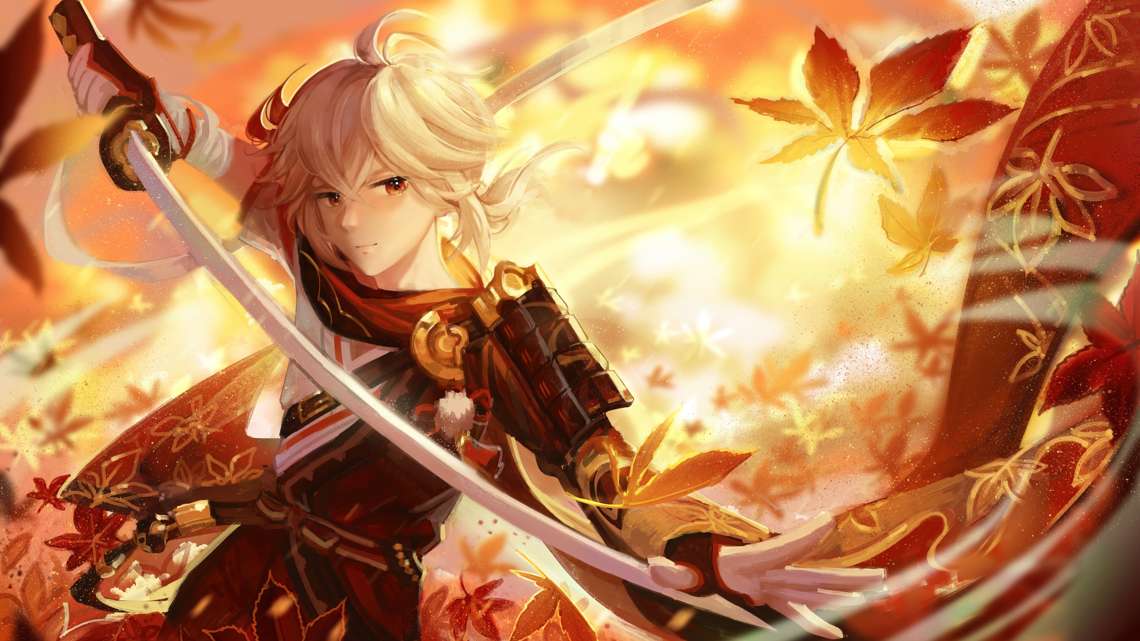 Kazuha from Genshin Impact with swords and leaves HD Wallpaper