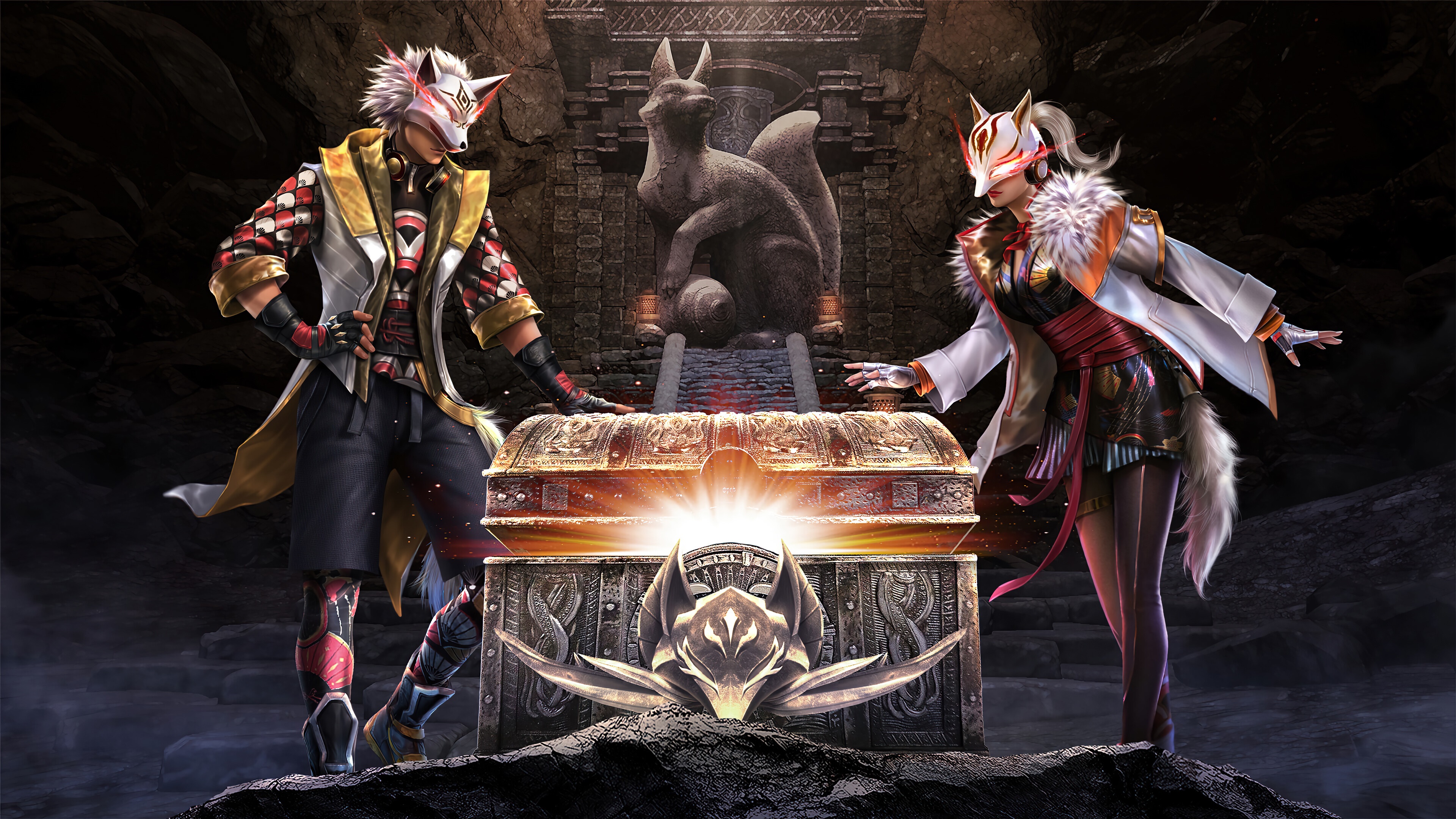 Free Fire Kitsune characters and treasure chest HD Wallpaper