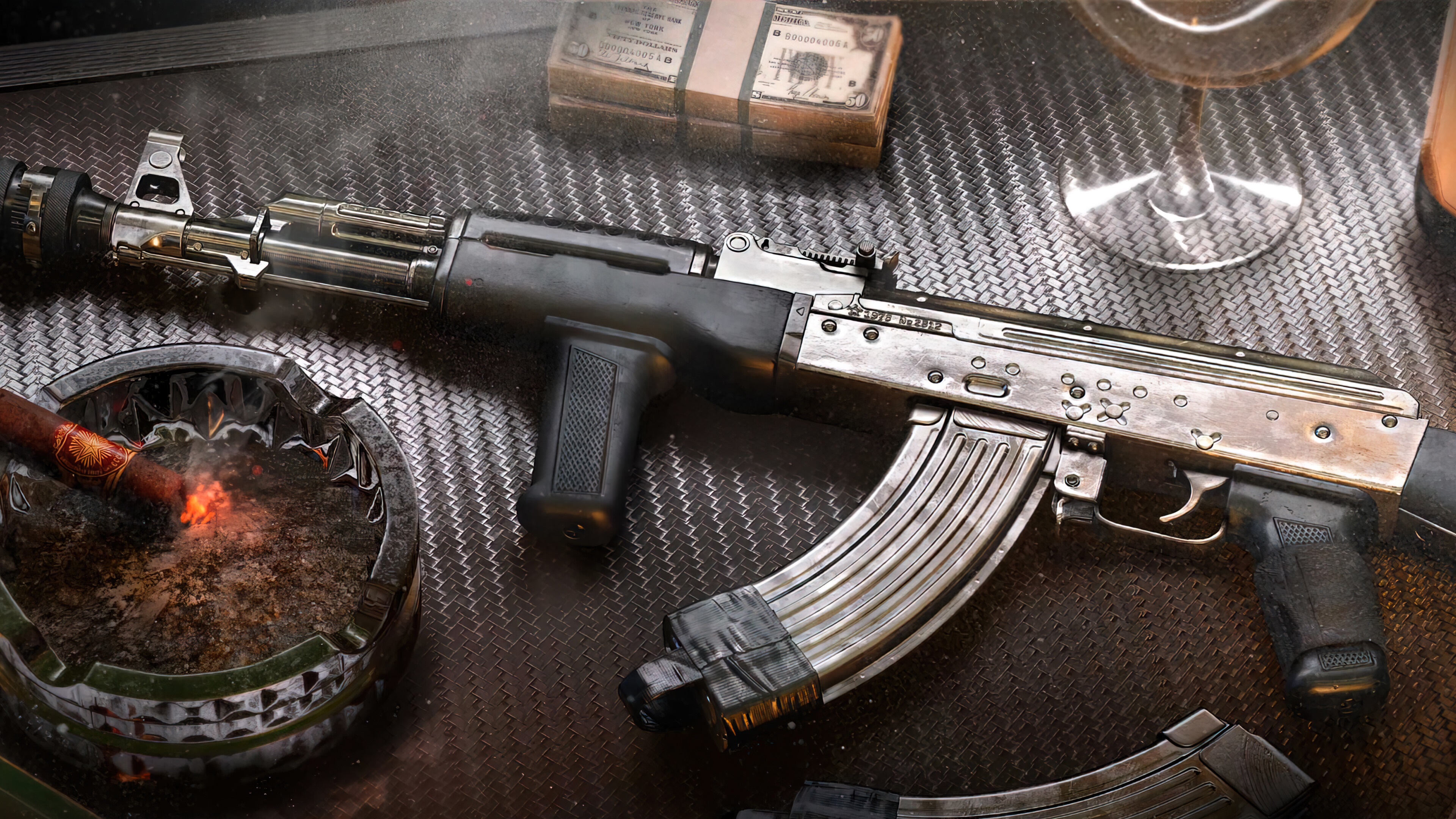 AK-47 rifle with cigar and money in Call of Duty: Warzone HD Wallpaper