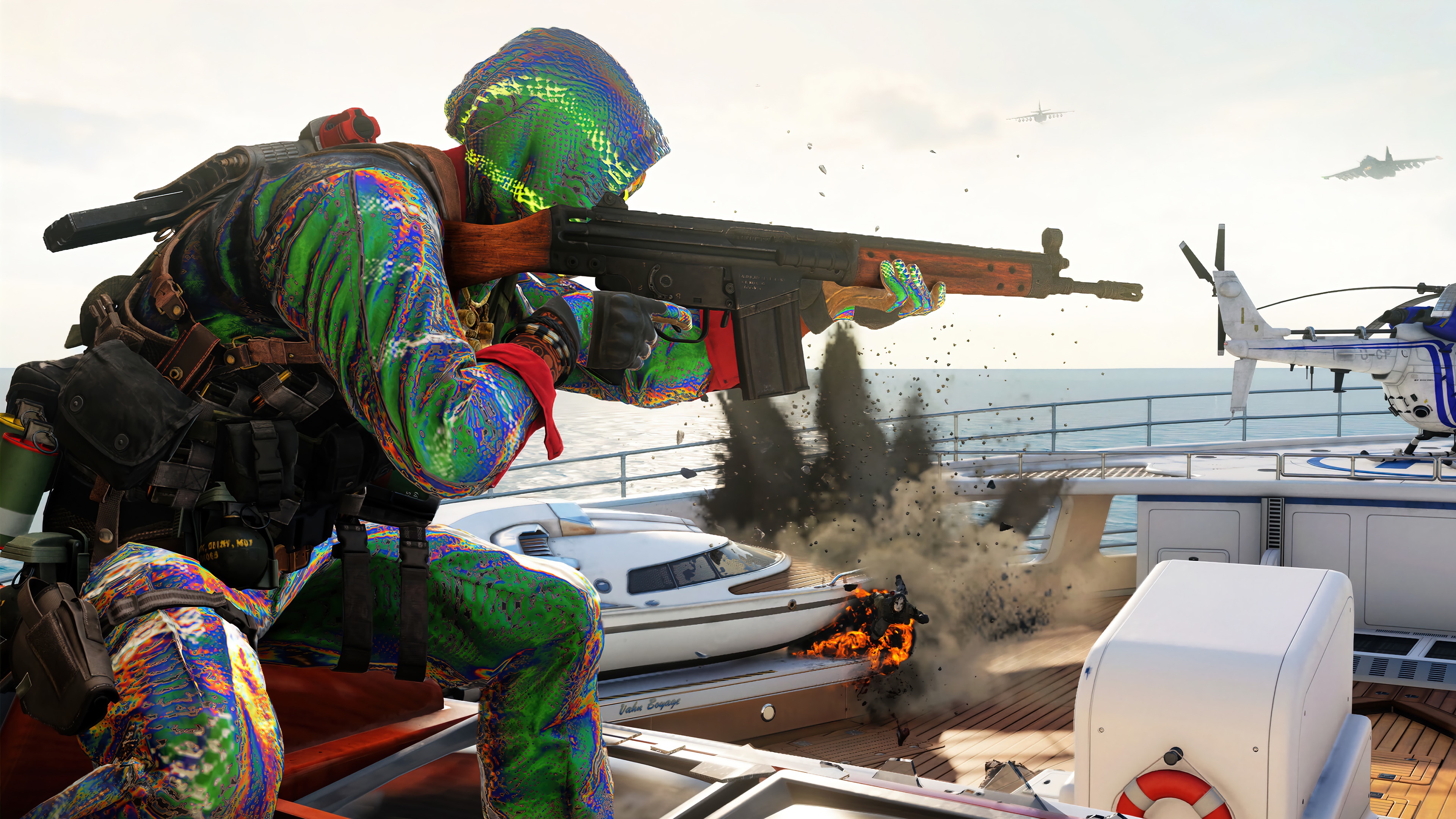 Character from Call of Duty: Black Ops Cold War firing a rifle on a yacht HD Wallpaper