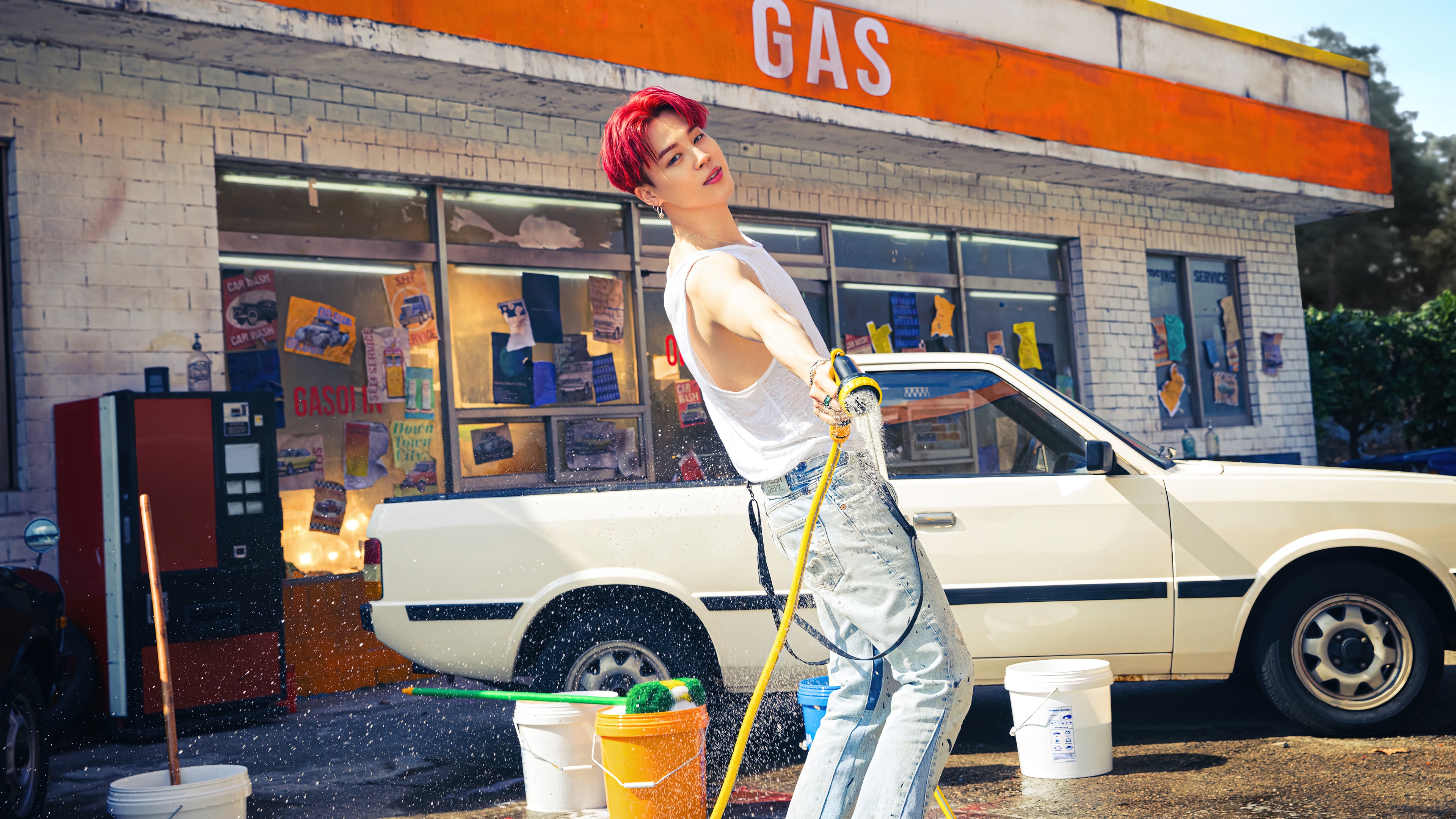 Jimin from BTS at a car wash HD Wallpaper