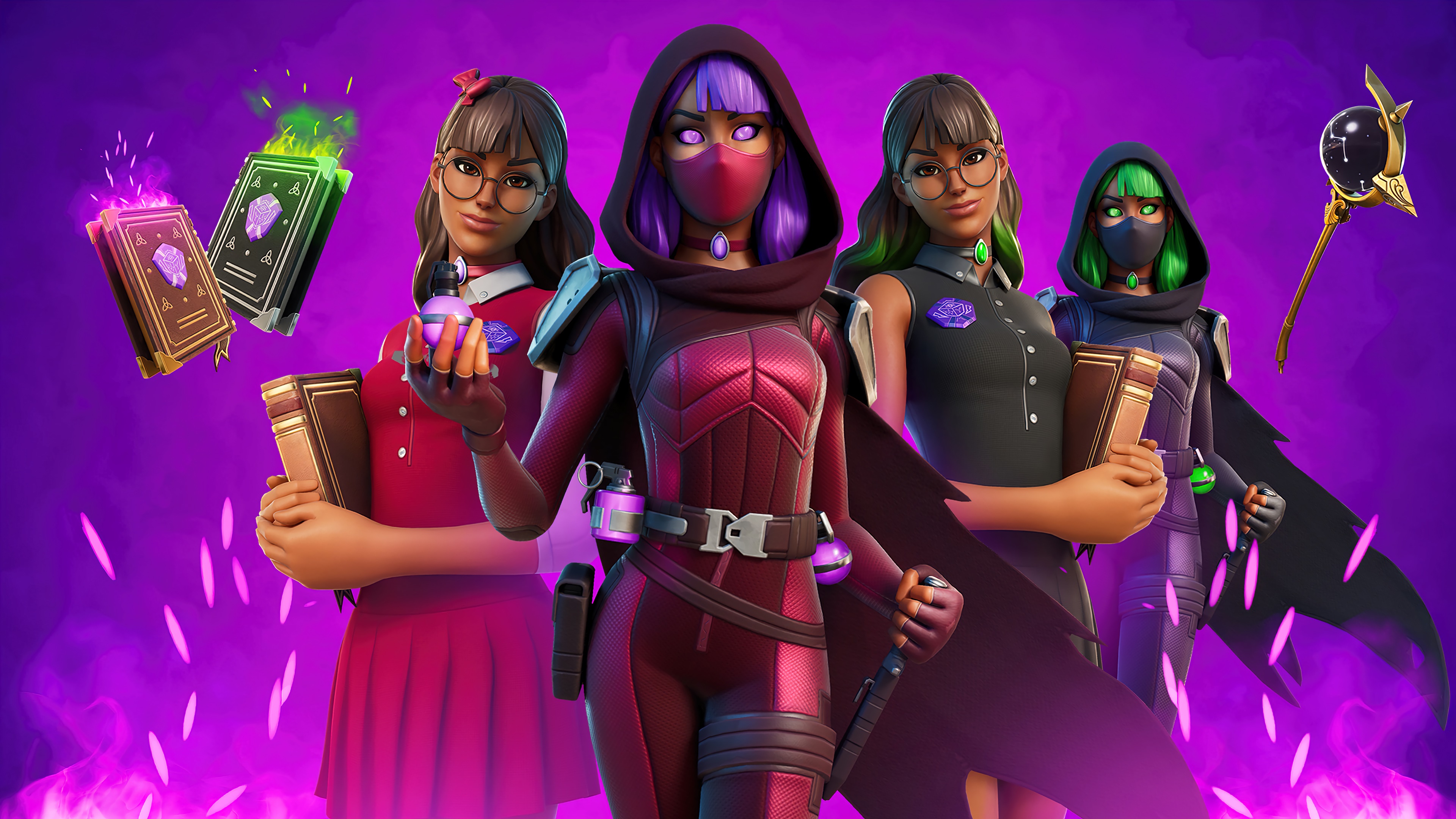 Fortnite characters with magical books and staffs HD Wallpaper