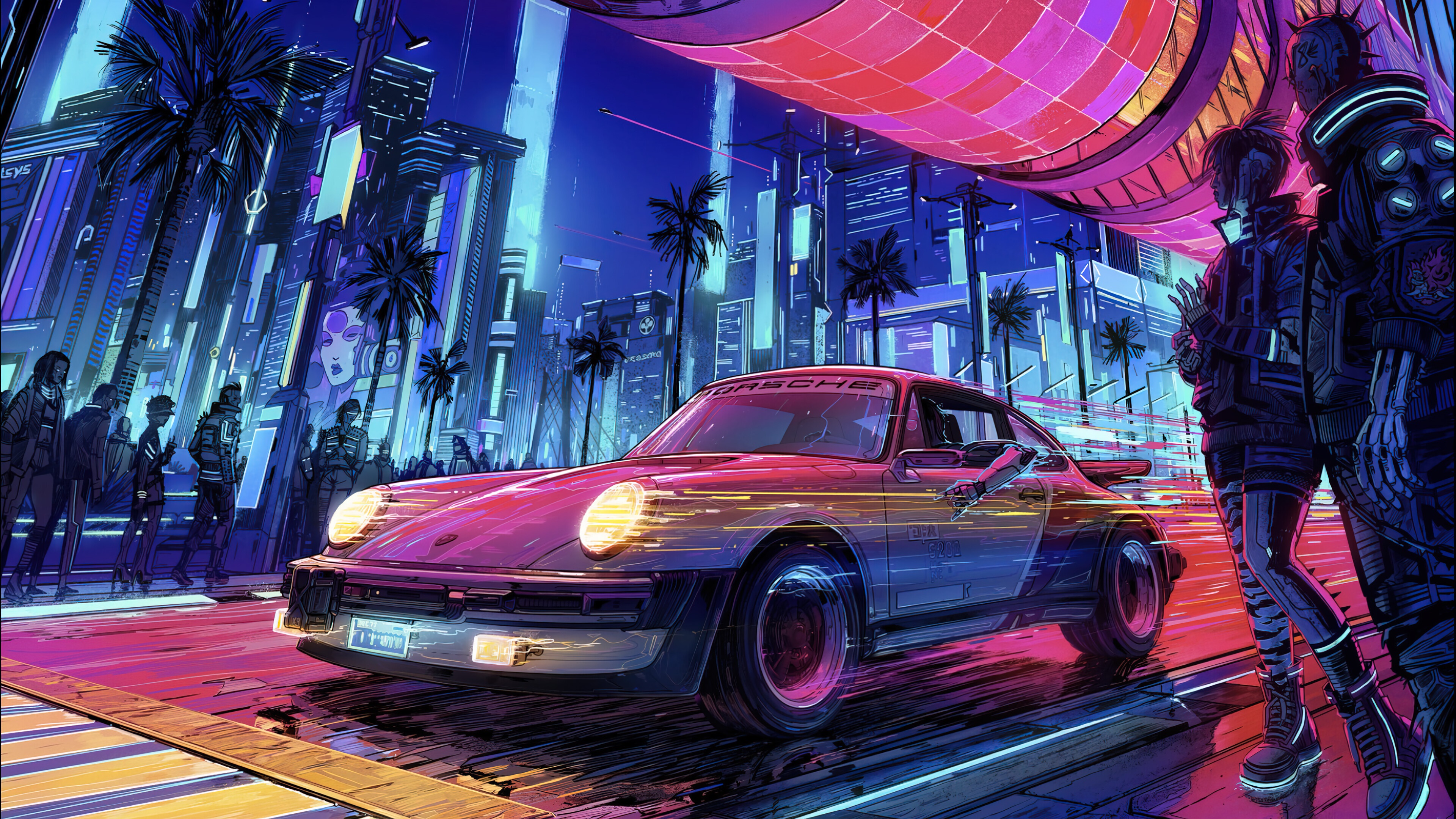 Cyberpunk city street at night with a Porsche HD Wallpaper