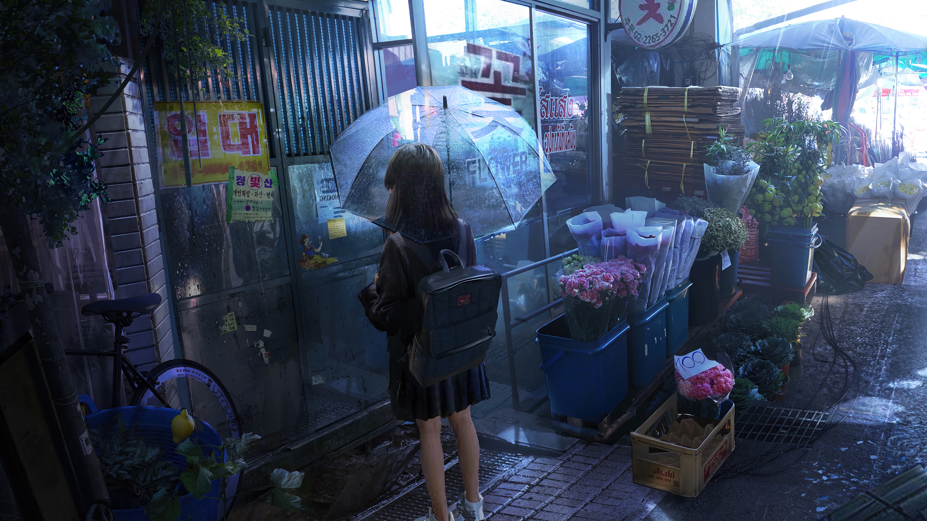 Anime Girl with Umbrella at Flower Shop in HD Wallpaper