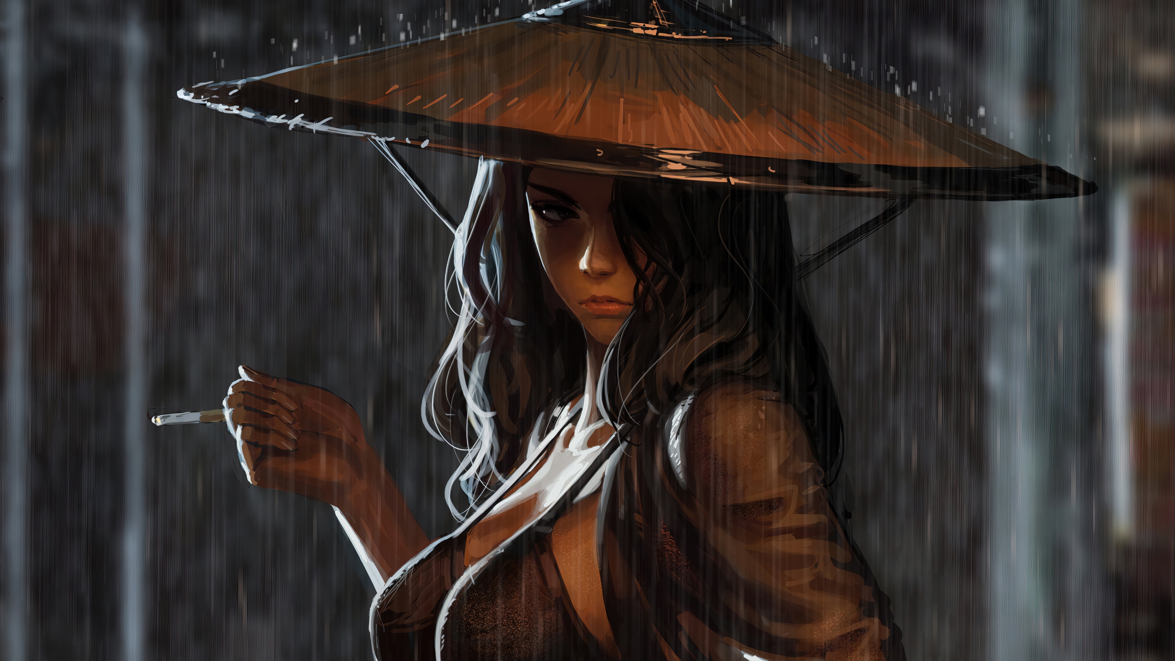 Fantasy Warrior Girl in the Rain HD Wallpaper