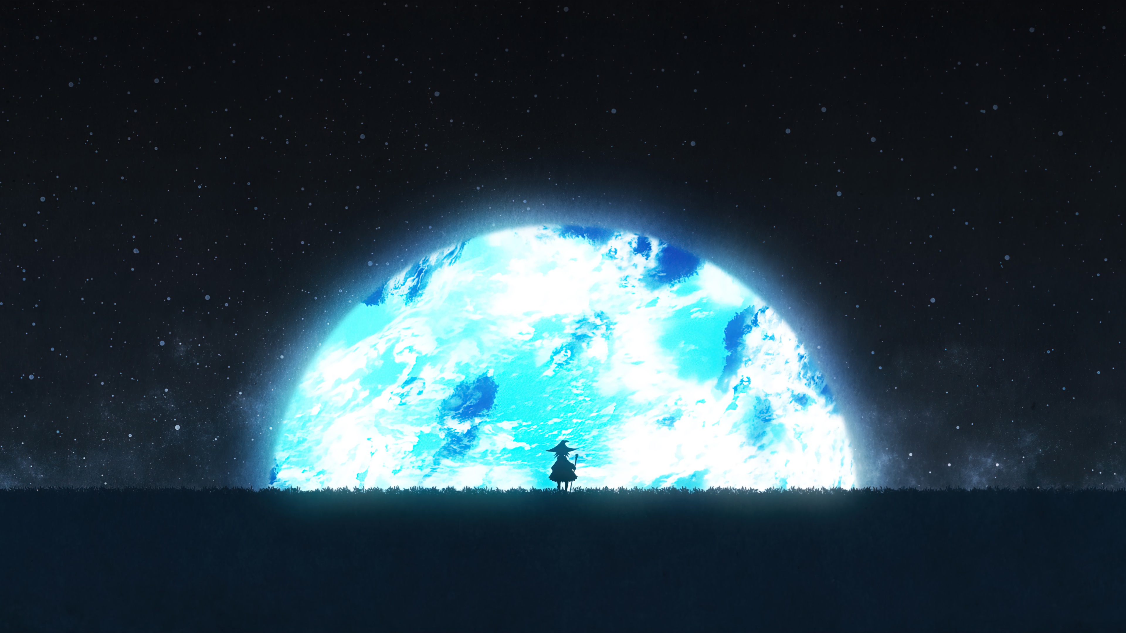Anime girl in a witch hat under a giant blue moon HD Wallpaper