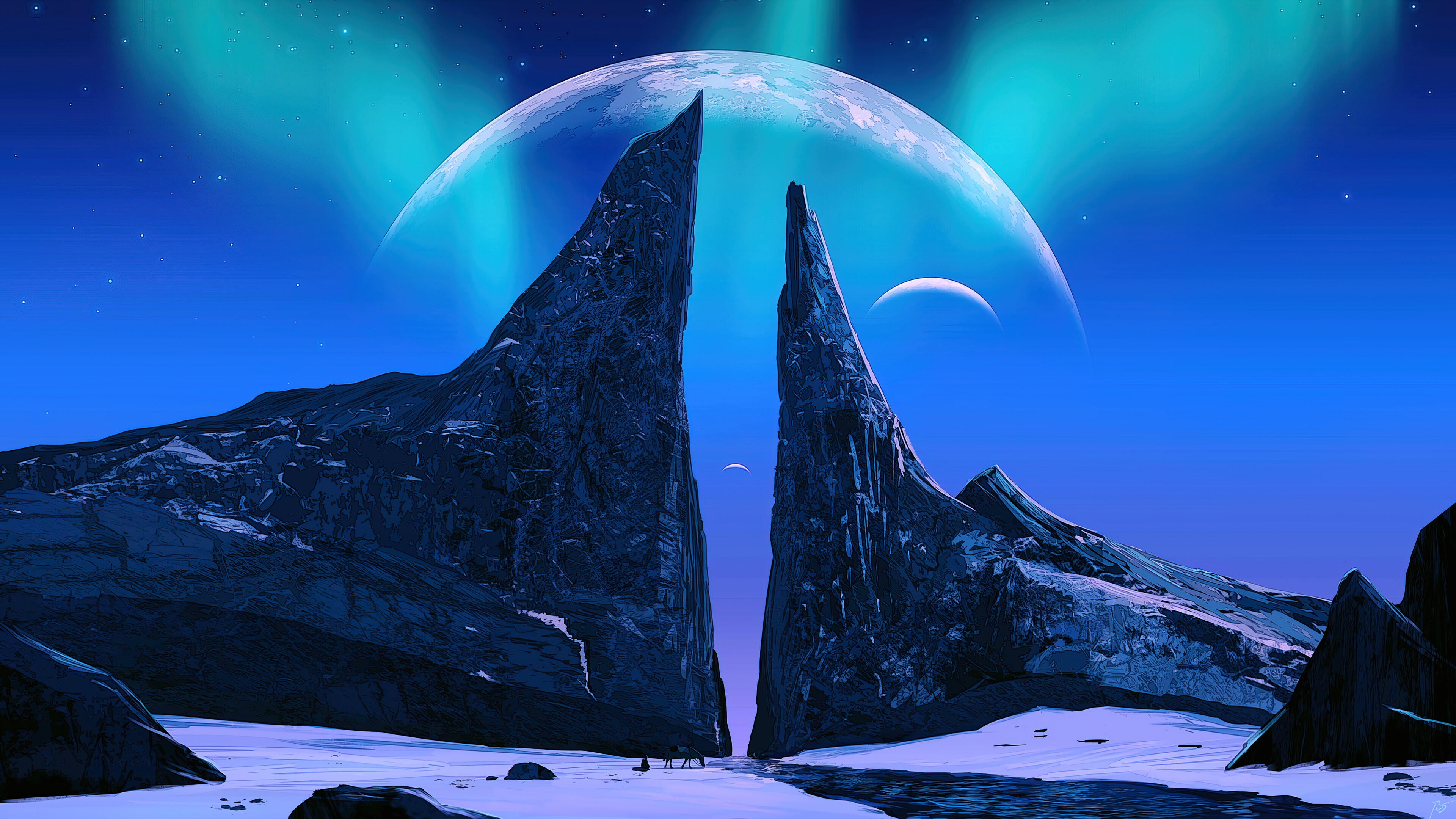 Alien Landscape with Aurora Borealis and Moons 4K HD Wallpaper