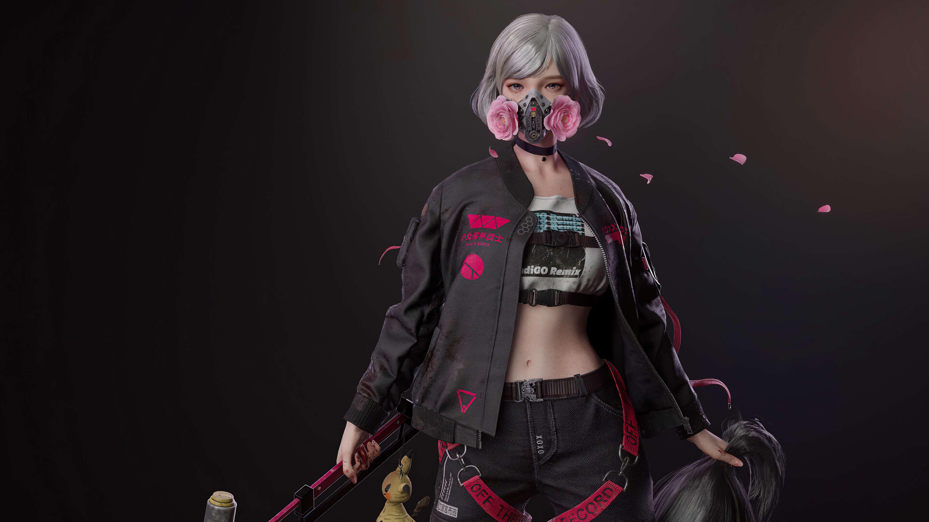 Cyberpunk girl with mask and roses 4K HD Wallpaper