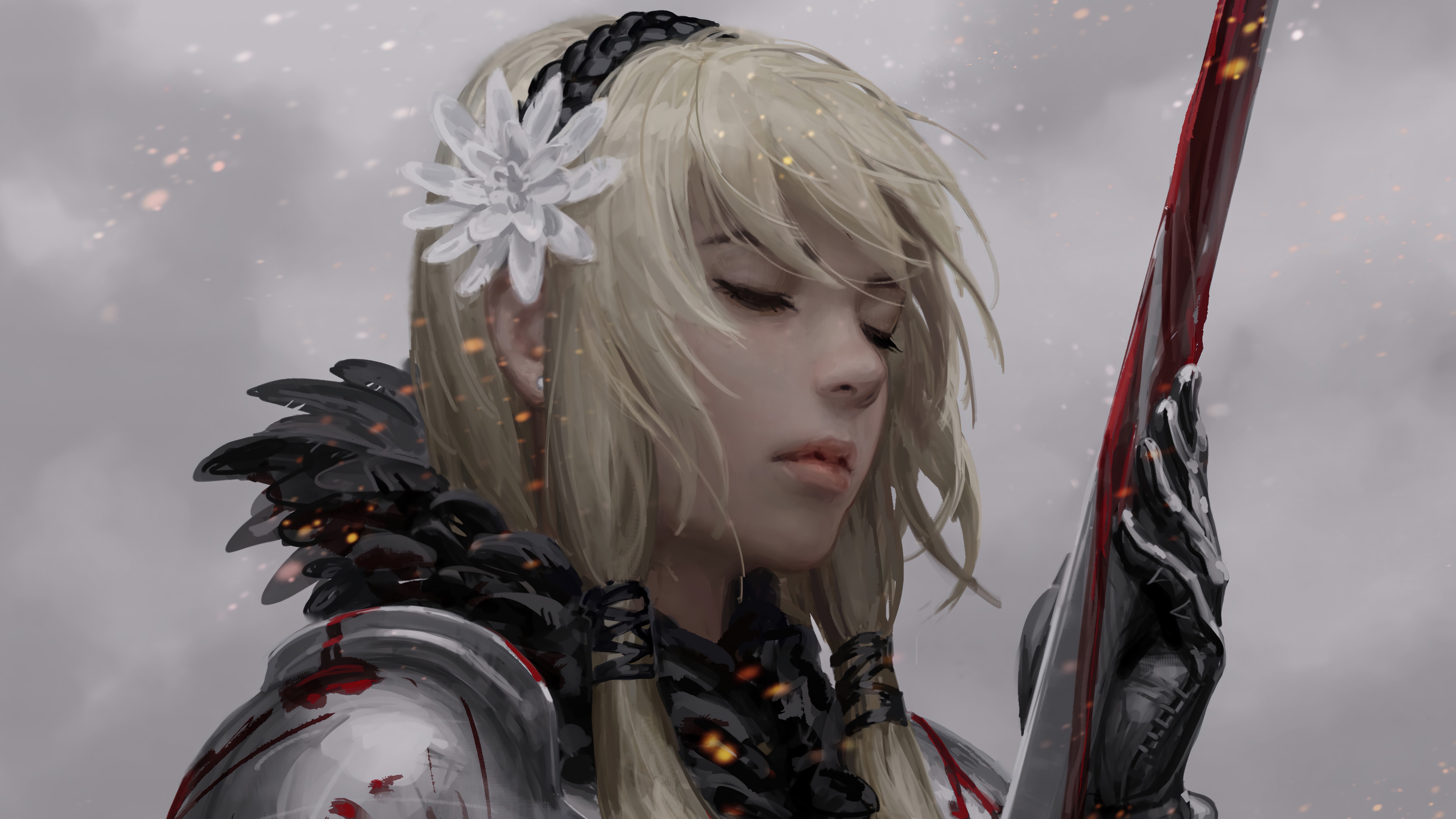 Warrior girl with sword and flower 4K HD Wallpaper