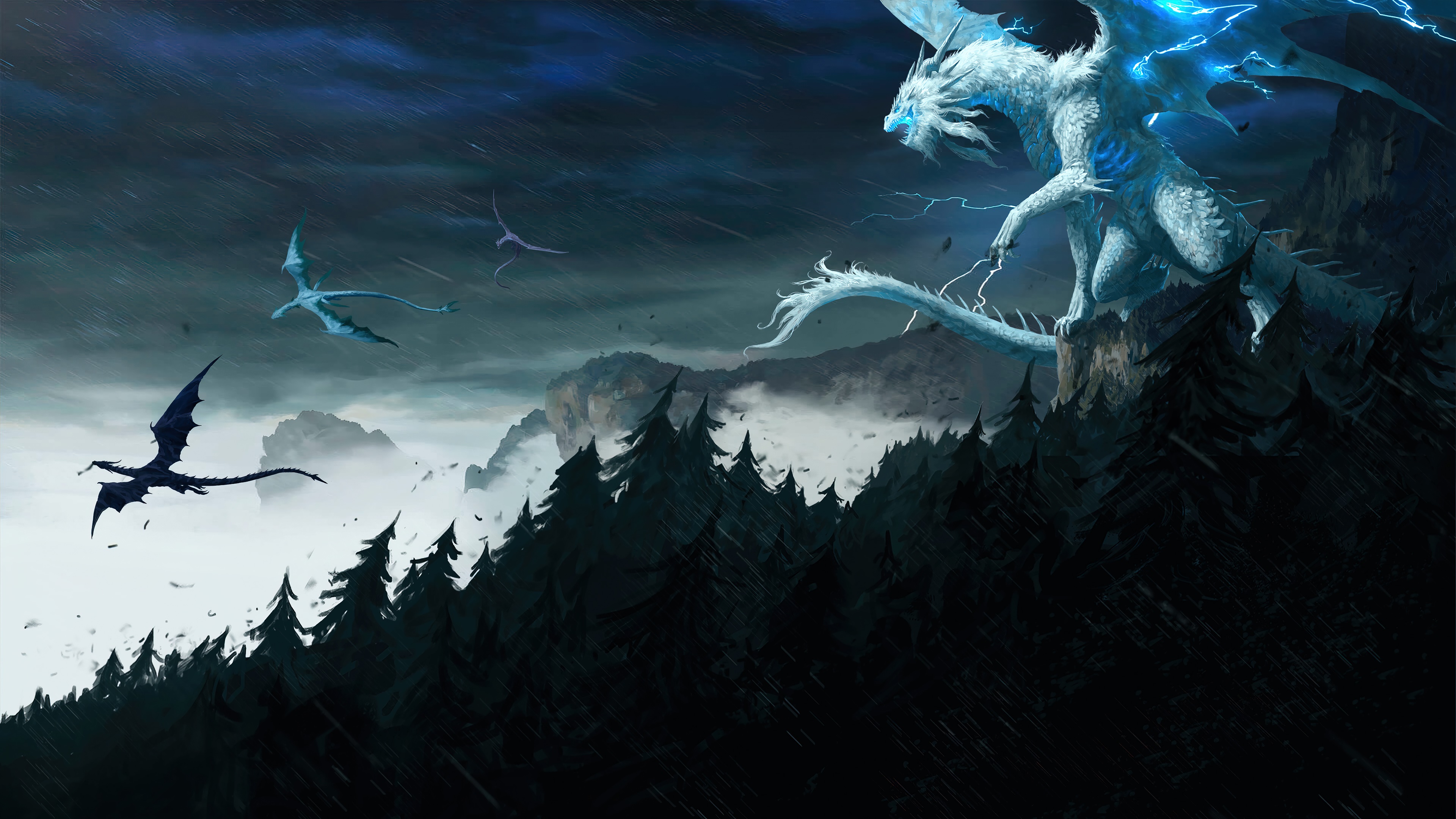 Fantasy Art of Dragons in a Stormy Sky 4K HD Wallpaper
