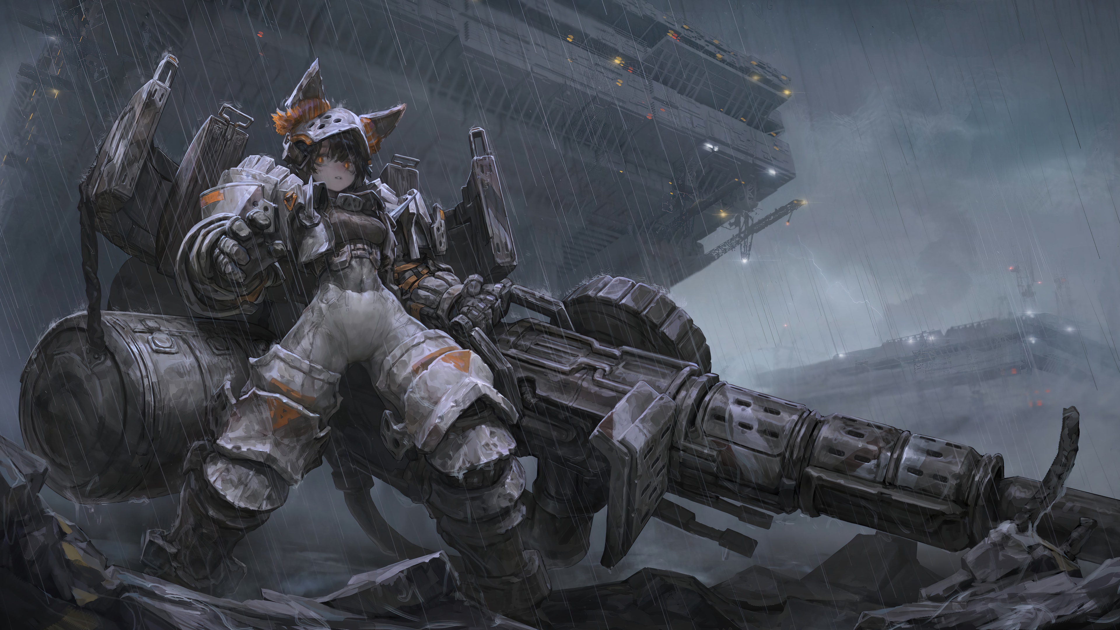 Sci-fi girl with a large gun in the rain HD Wallpaper
